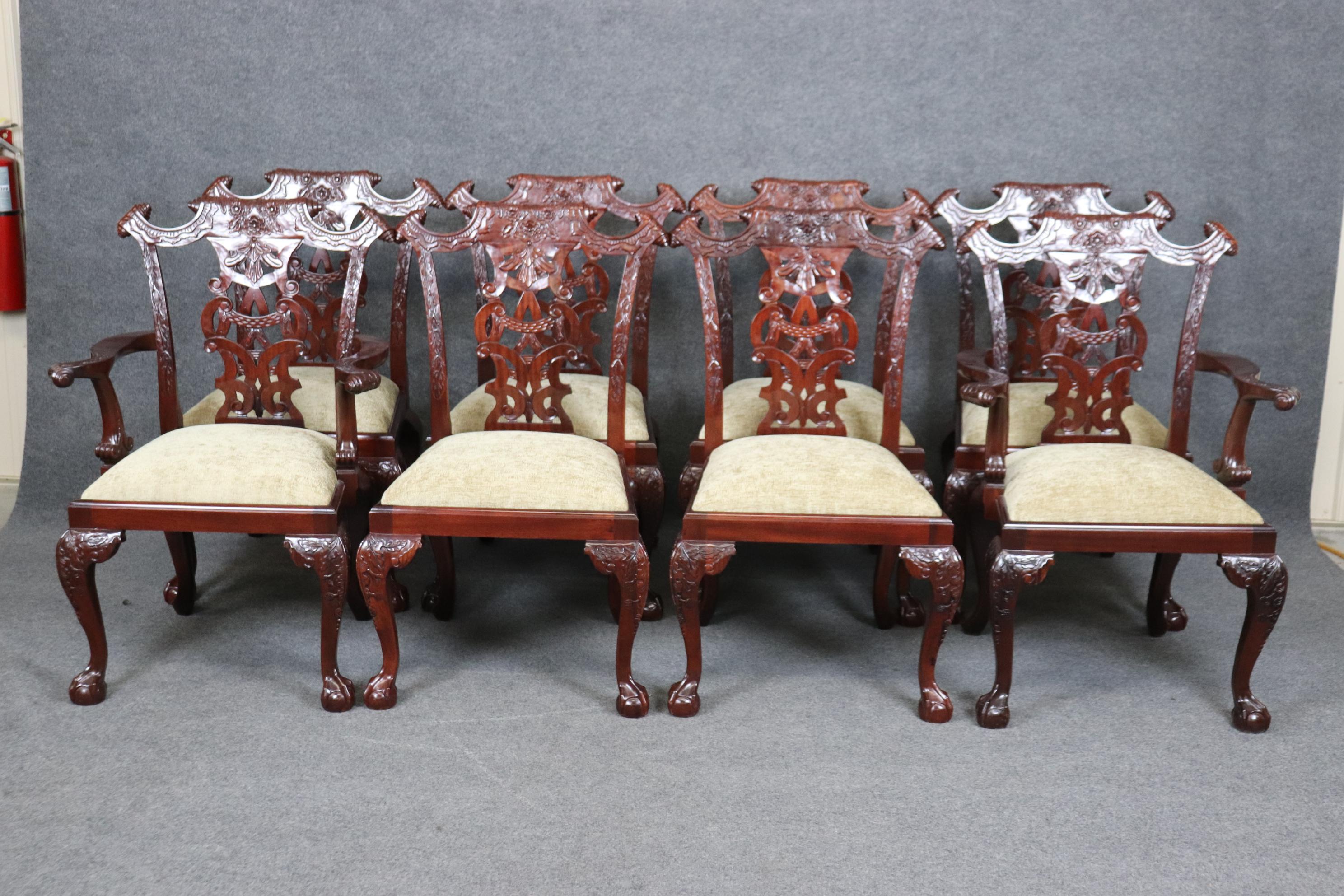 Set of 8 Spectacular Solid Mahogany Elaborately Carved Chippendale Dining Chairs For Sale 1