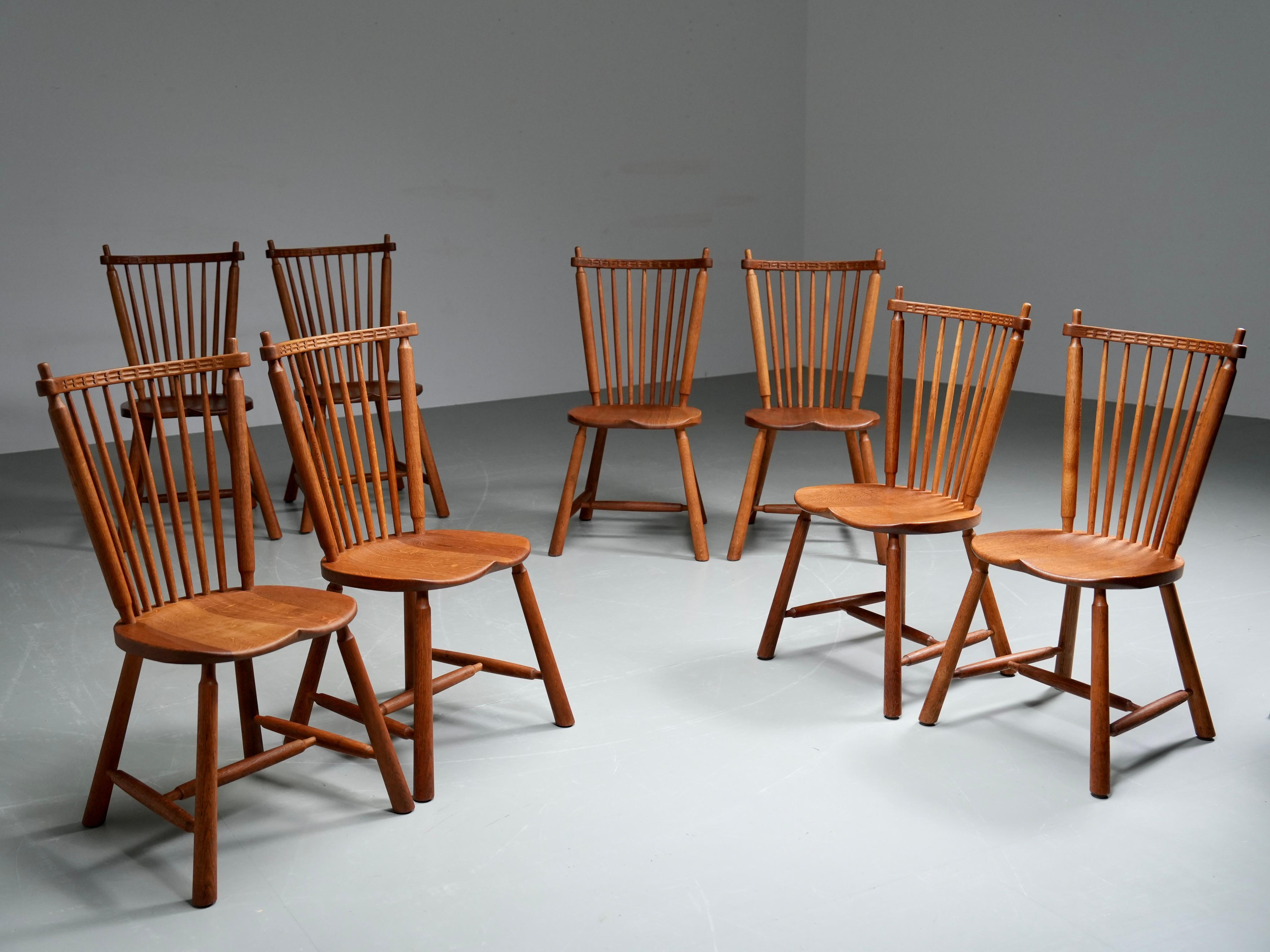 Olandese Set di 8 sedie con schienale a fuso in Oak di De Ster Gelderland, anni '60 in vendita