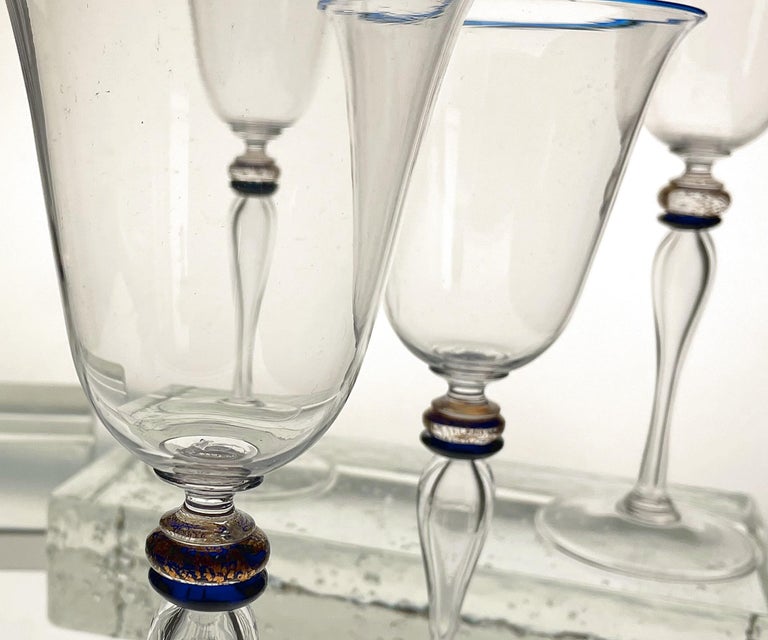 Set of 8 Stem Glass, Cenedese Murano Cobalt and Gold Accents, 80s For Sale 3