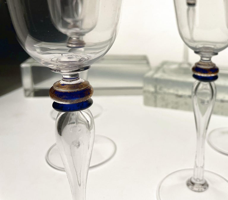 Set of 8 Stem Glass, Cenedese Murano Cobalt and Gold Accents, 80s For Sale 5