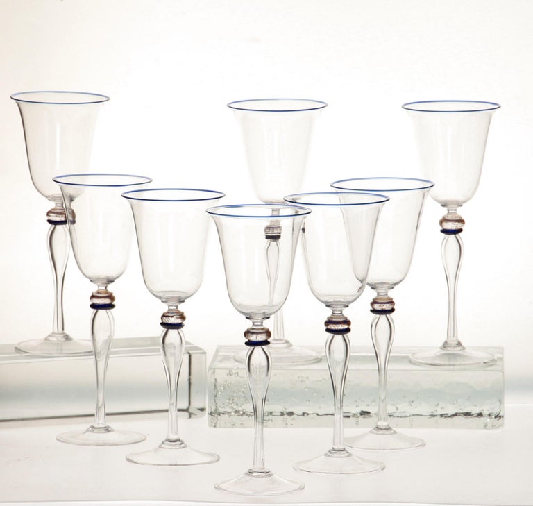 Set of 8 Stem Glass, Cenedese Murano Cobalt and Gold Accents, 80s For Sale 6