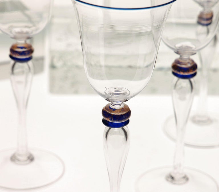 Set of 8 Stem Glass, Cenedese Murano Cobalt and Gold Accents, 80s For Sale 7