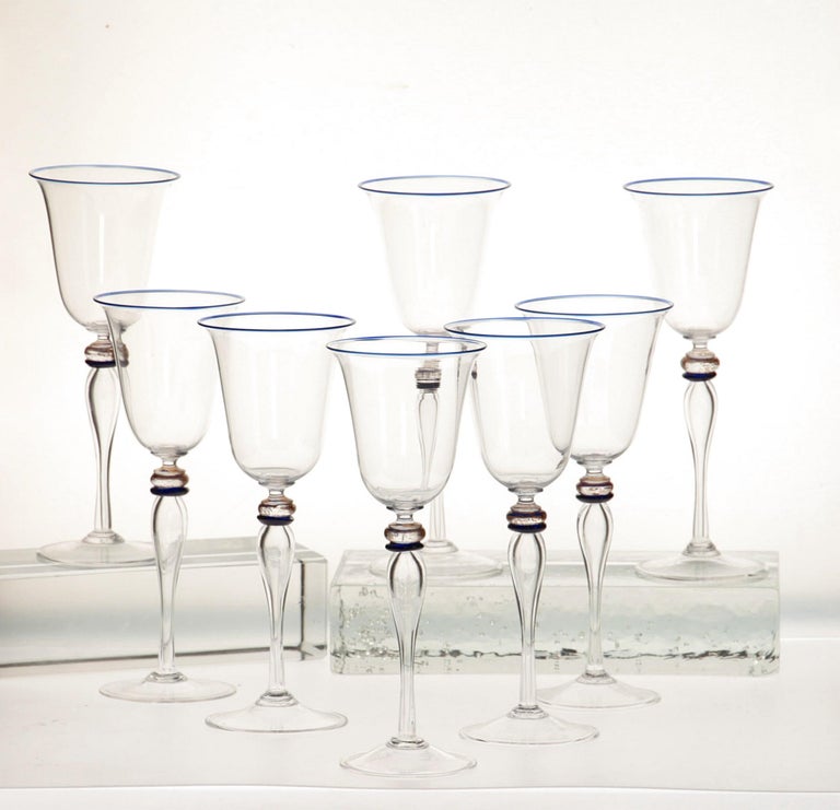 Set of 8 Stem Glass, Cenedese Murano Cobalt and Gold Accents, 80s For Sale 8