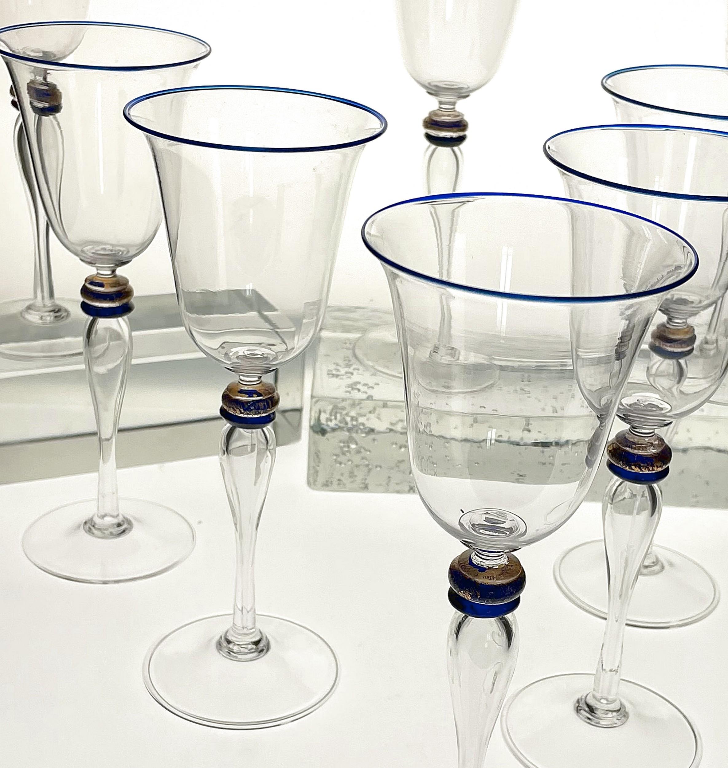 Set of 8 Stem Glass, Cenedese Murano Cobalt and Gold Accents, 80s 8