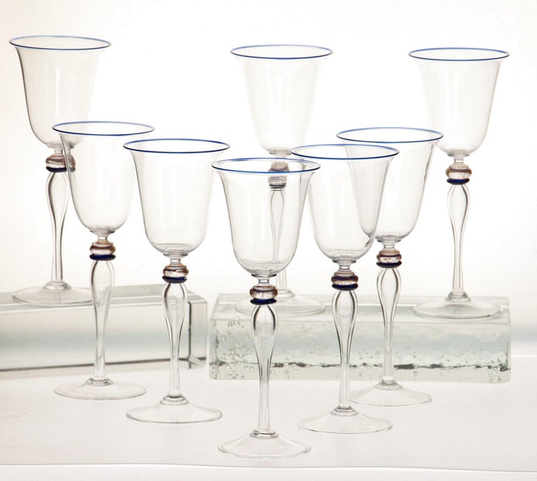 Set of 8 Stem Glass, Cenedese Murano Cobalt and Gold Accents, 80s For Sale 10