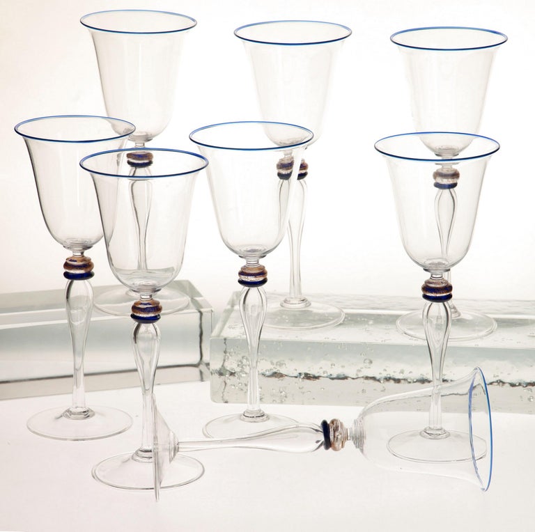 Set of 8 Stem Glass, Cenedese Murano Cobalt and Gold Accents, 80s For Sale 12