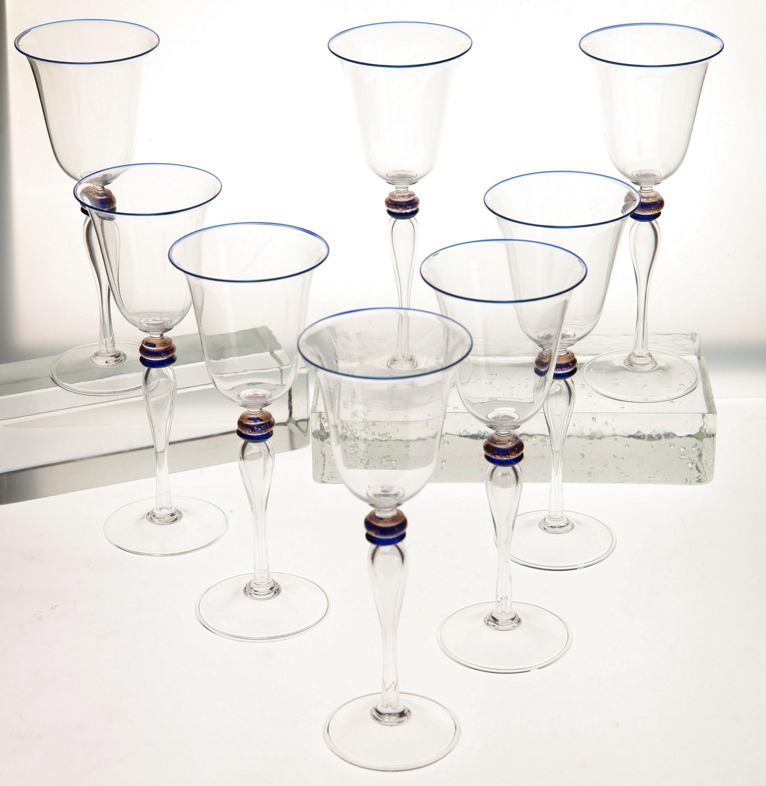 Mid-Century Modern Set of 8 Stem Glass, Cenedese Murano Cobalt and Gold Accents, 80s