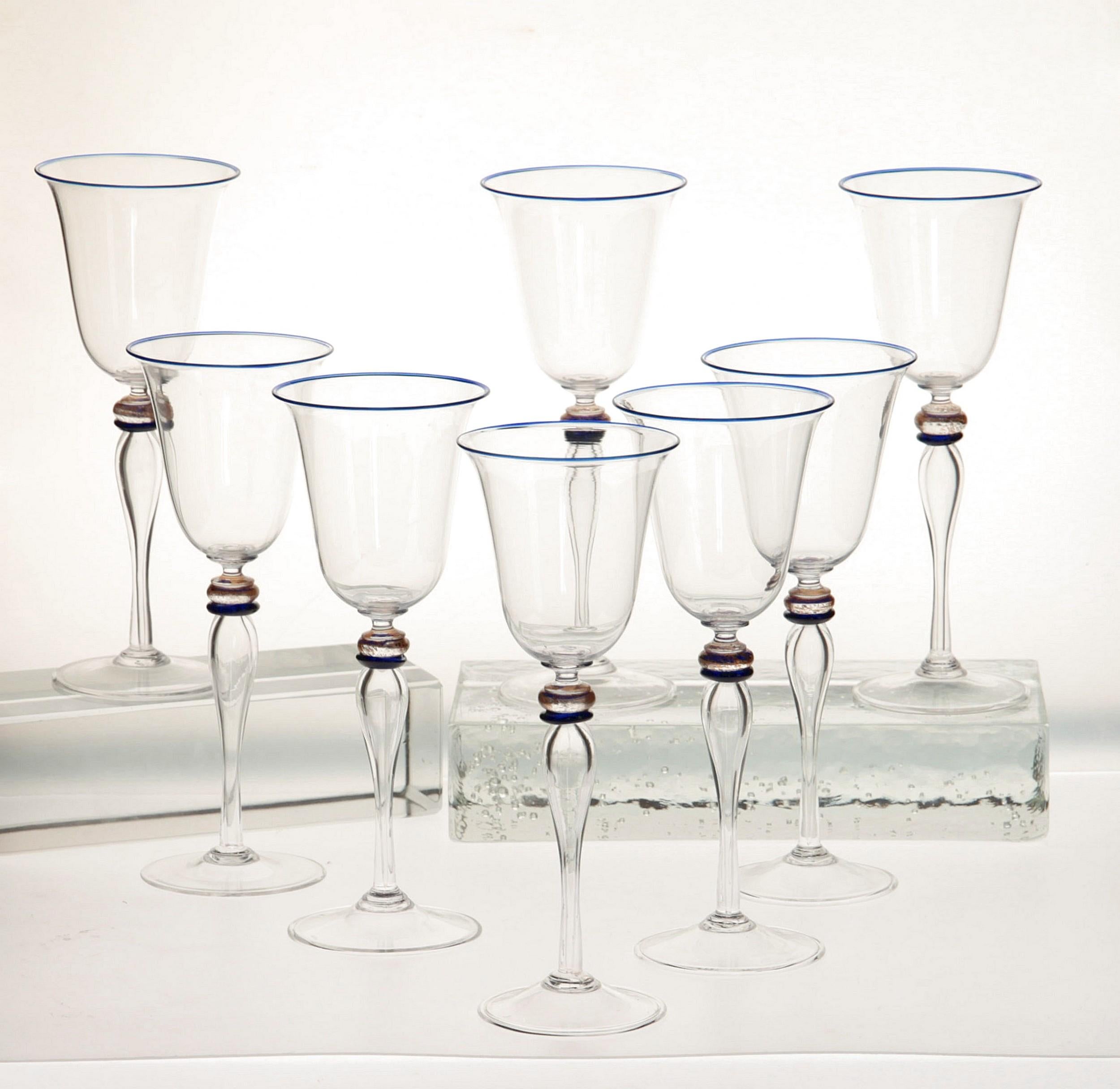 Set of 8 Stem Glass, Cenedese Murano Cobalt and Gold Accents, 80s In Good Condition In Tavarnelle val di Pesa, Florence