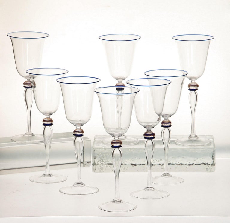 20th Century Set of 8 Stem Glass, Cenedese Murano Cobalt and Gold Accents, 80s For Sale