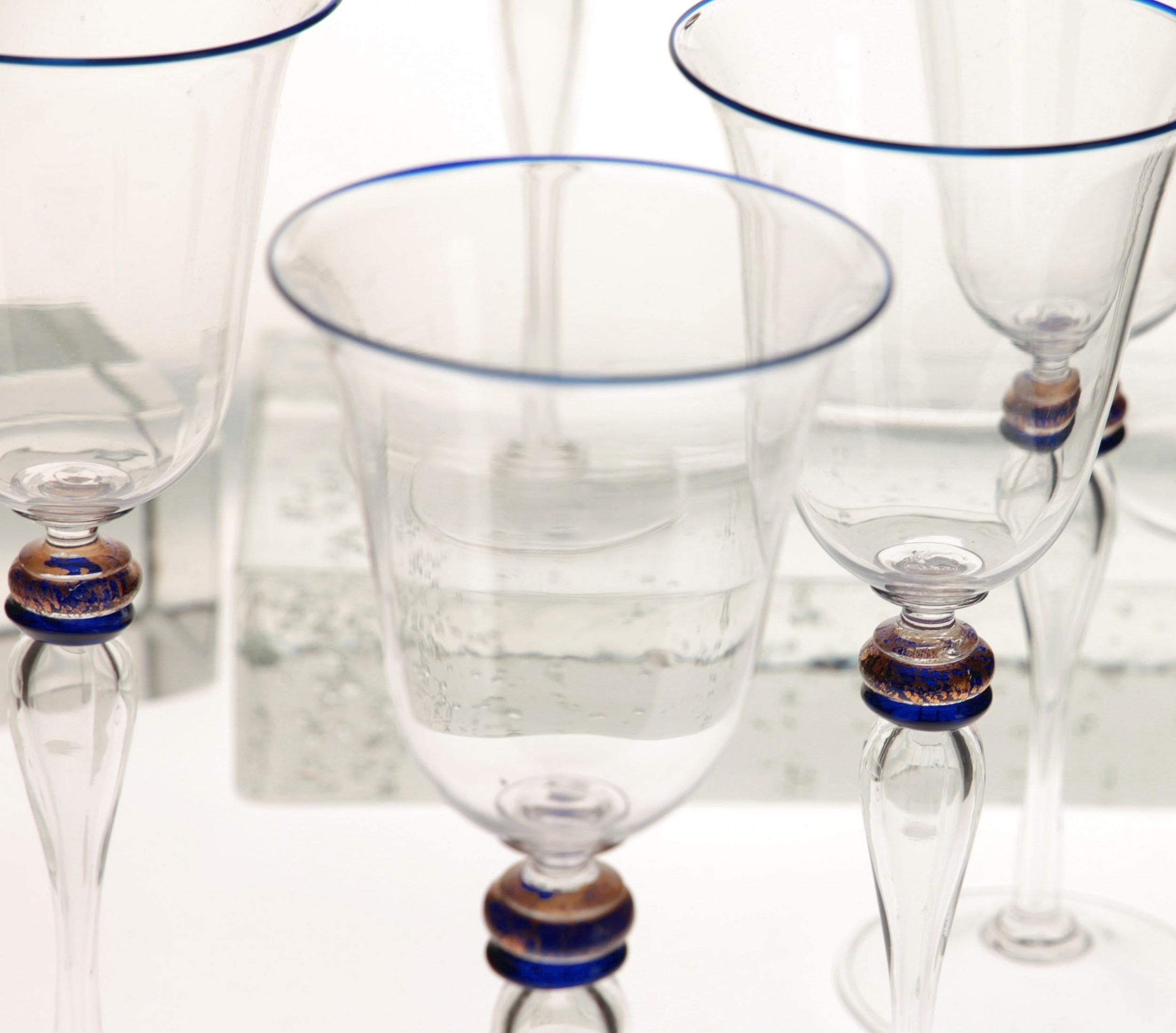 20th Century Set of 8 Stem Glass, Cenedese Murano Cobalt and Gold Accents, 80s