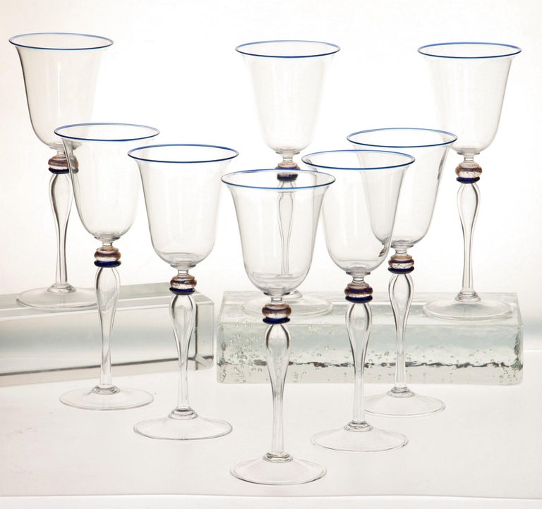 Set of 8 Stem Glass, Cenedese Murano Cobalt and Gold Accents, 80s For Sale 2