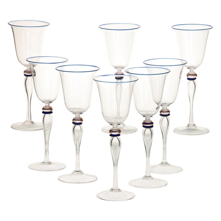 Set of 8 Stem Glass, Cenedese Murano Cobalt and Gold Accents, 80s For Sale