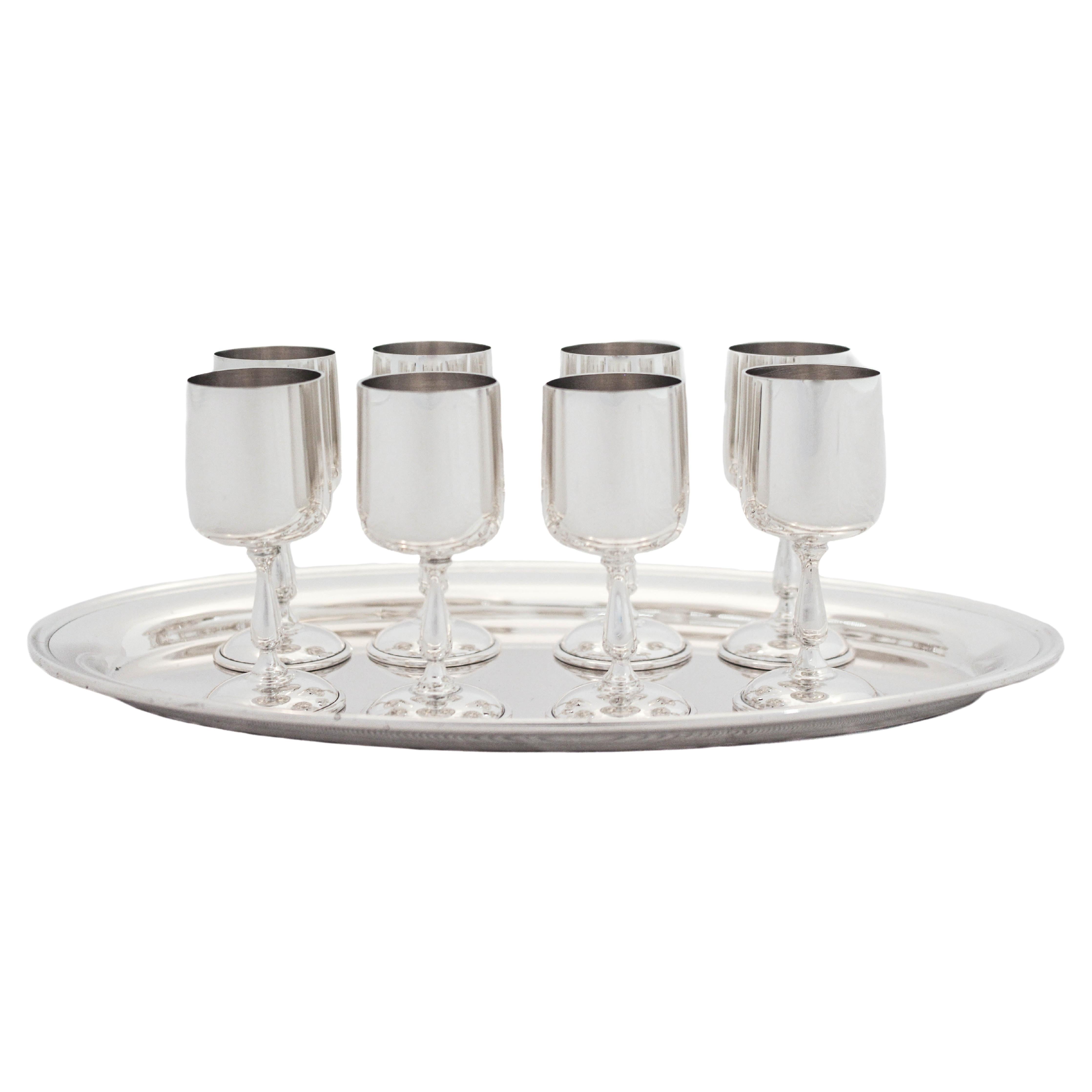 Set of 8 Sterling Silver Cordials & Tray For Sale