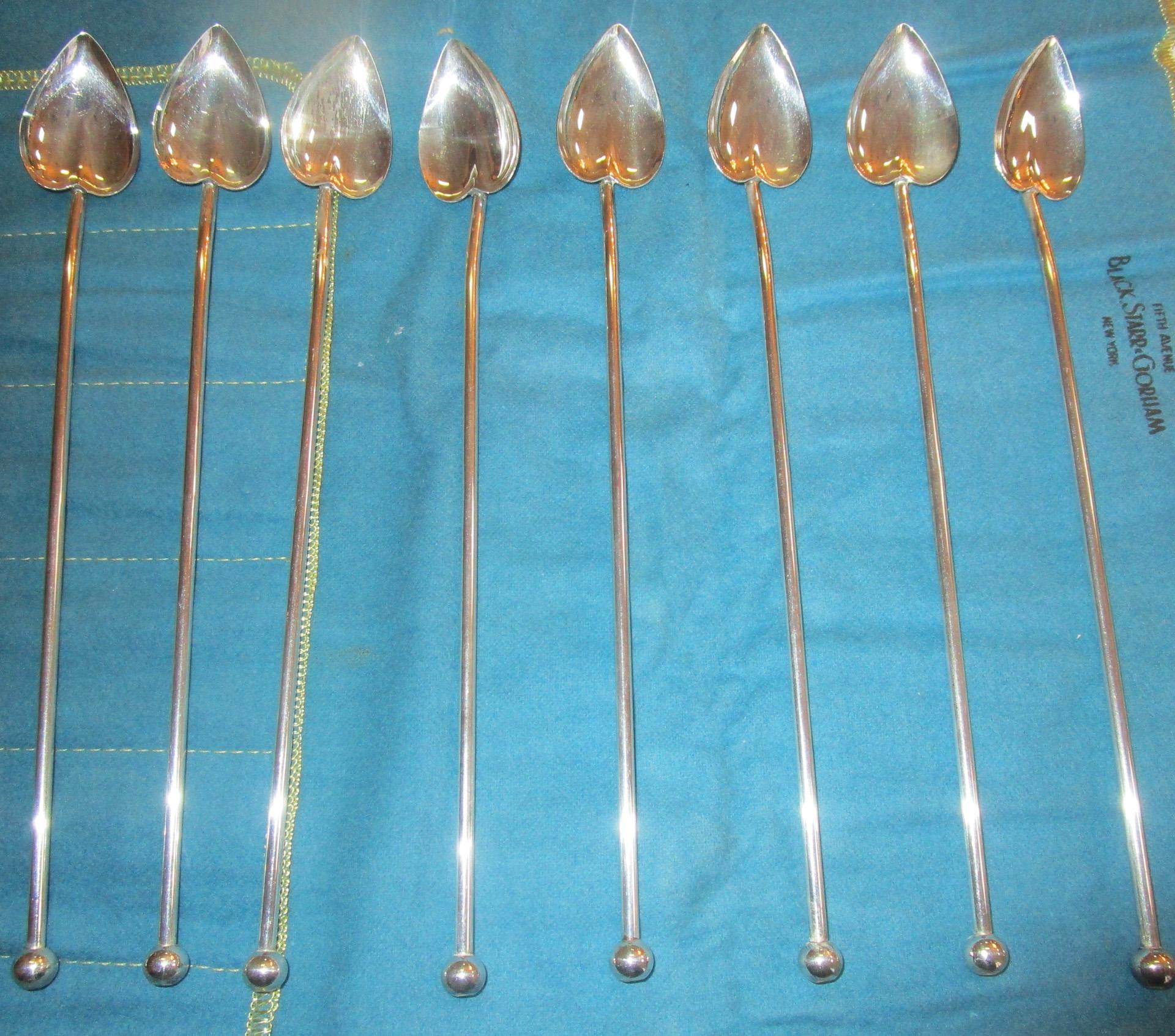 Set of 8 Sterling Silver Mint Julep Iced Tea Straw Spoons with Heart Shape Bowls 6