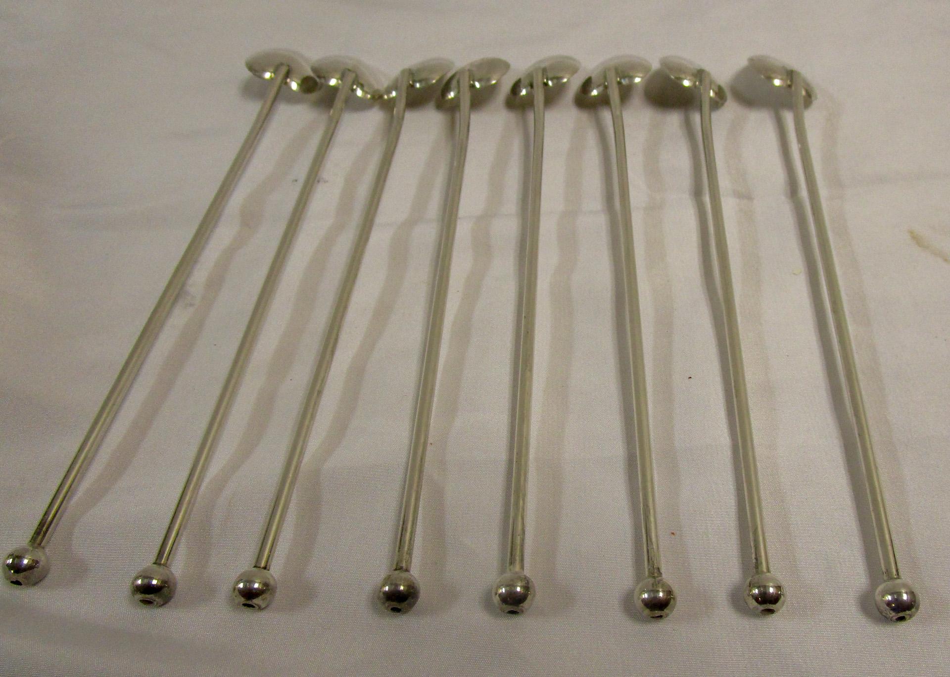 American Set of 8 Sterling Silver Mint Julep Iced Tea Straw Spoons with Heart Shape Bowls