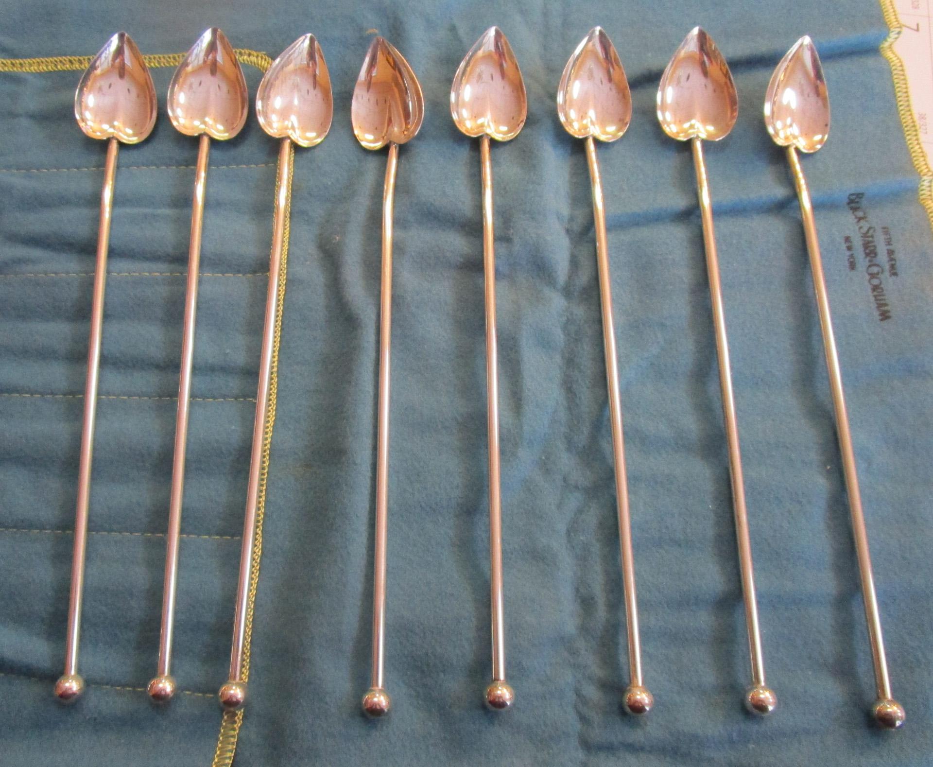 Set of 8 Sterling Silver Mint Julep Iced Tea Straw Spoons with Heart Shape Bowls 2