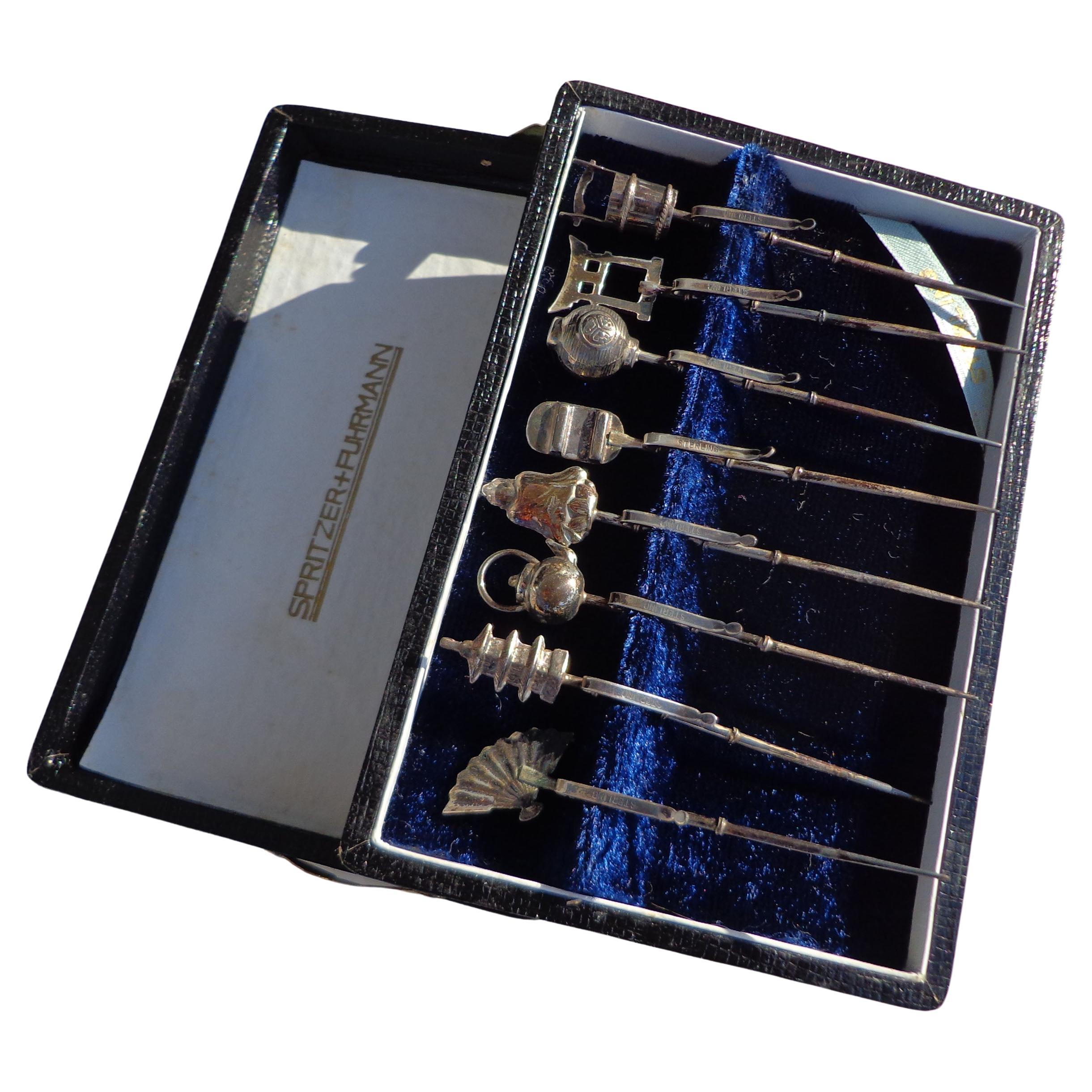 Set of 8 Oriental Hair Pins by Spritzer + Fuhrman




Sterling silver individual pins including a Buddha, pagoda, water vessel, kettle and a fan.
Beautifully boxed and marked.

Box side
5.25 Width x 3.5 Depth x 1  Height

Pins
Average length 3 