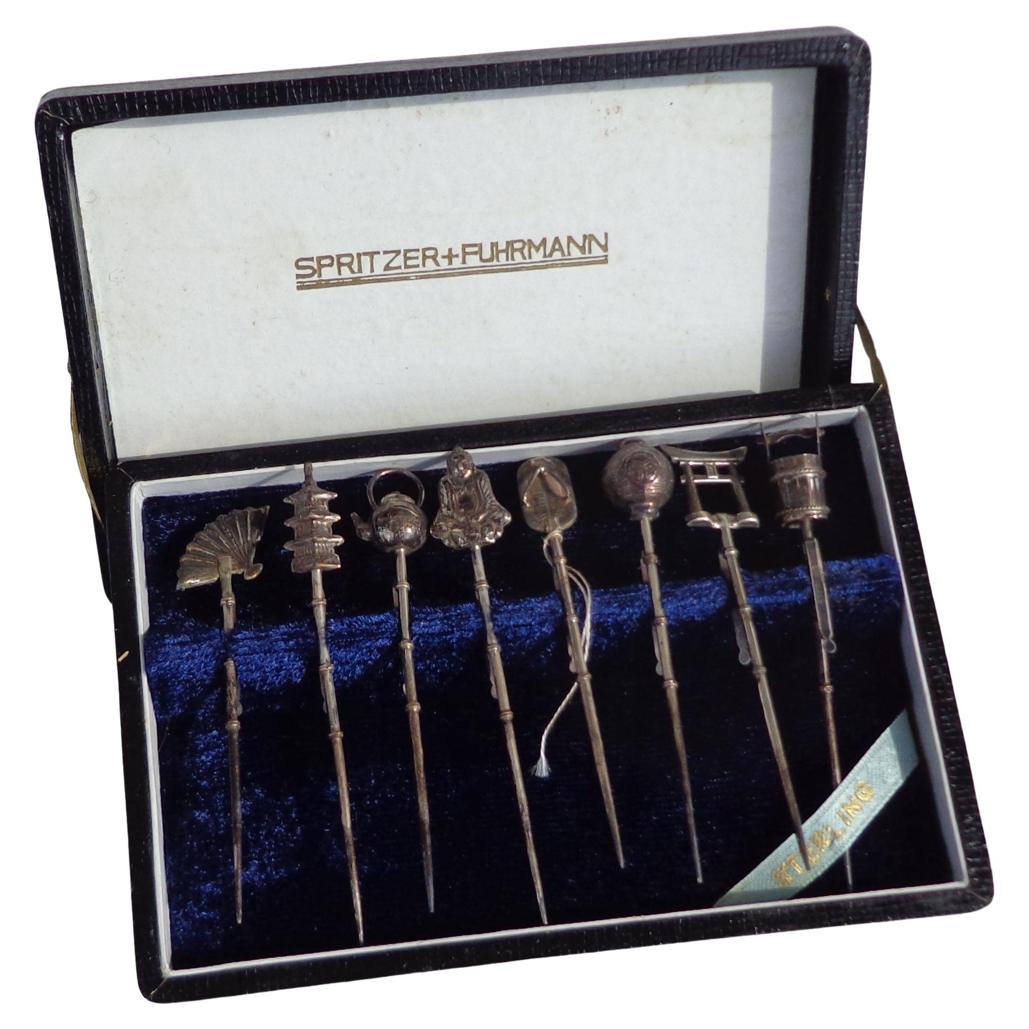 Set of 8 Sterling Silver Oriental Themed Hair Pins by Spritzer Fuhrmann
