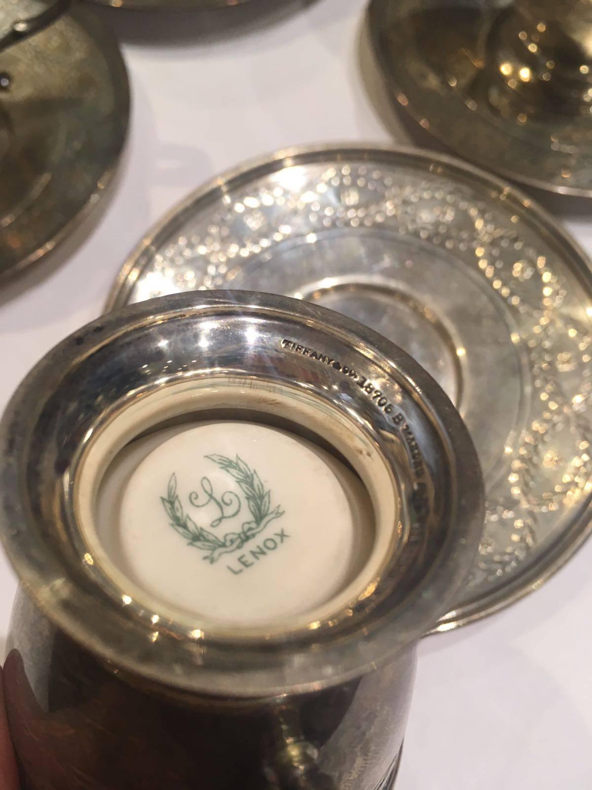 American Set of Eight Sterling Silver Tiffany, Lenox Porcelain and Accompanying Saucers For Sale