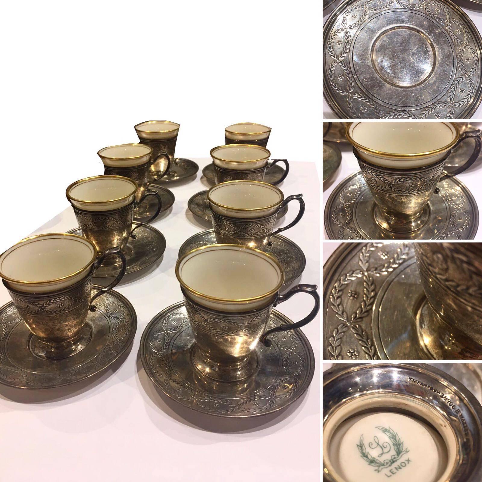 Set of eight sterling silver tiffany, Lenox porcelain and accompanying saucers.