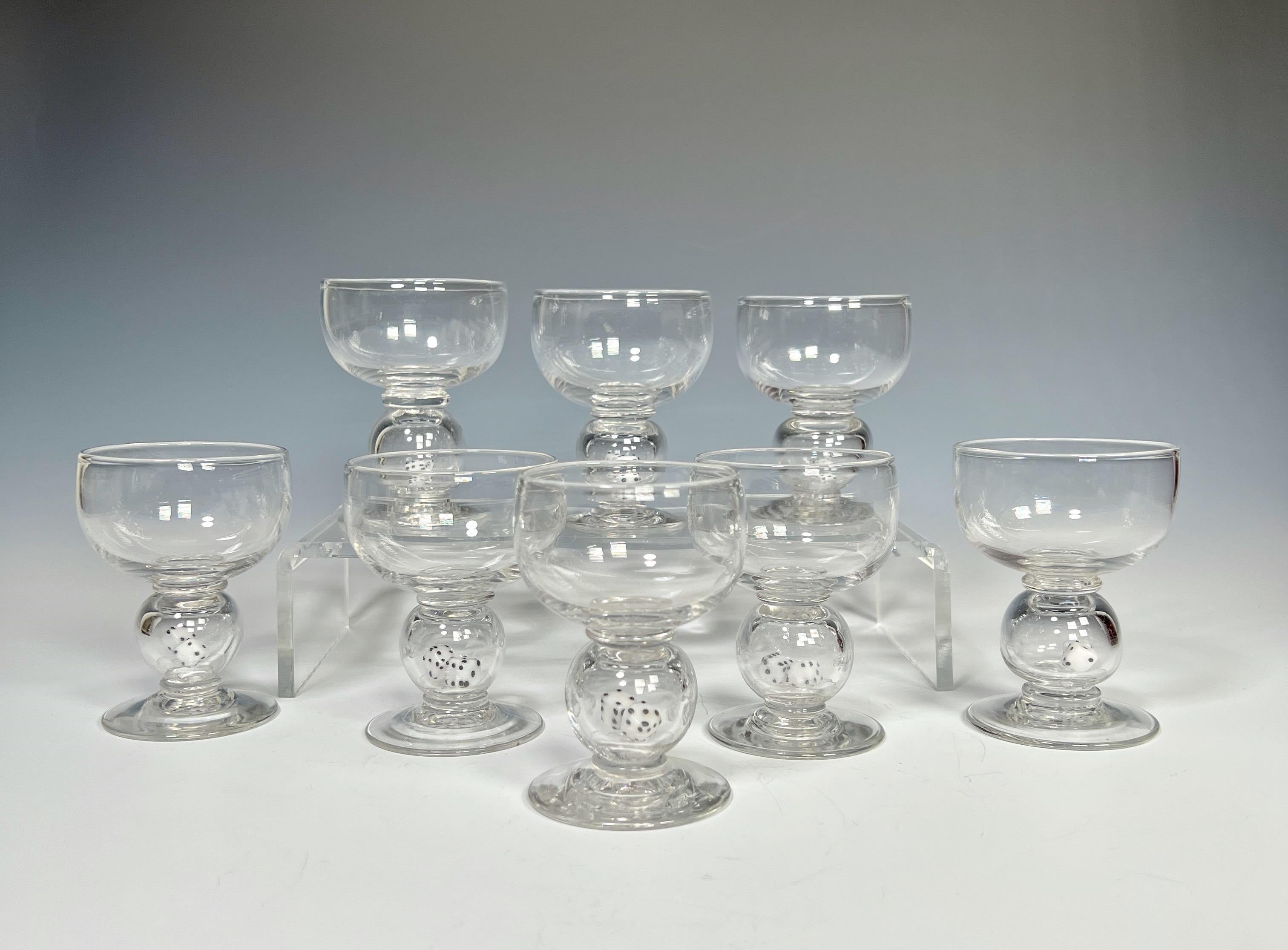 English Set of 8 Stevens & Williams Blown Crystal Cocktail Glasses w/ Dice Connectors For Sale