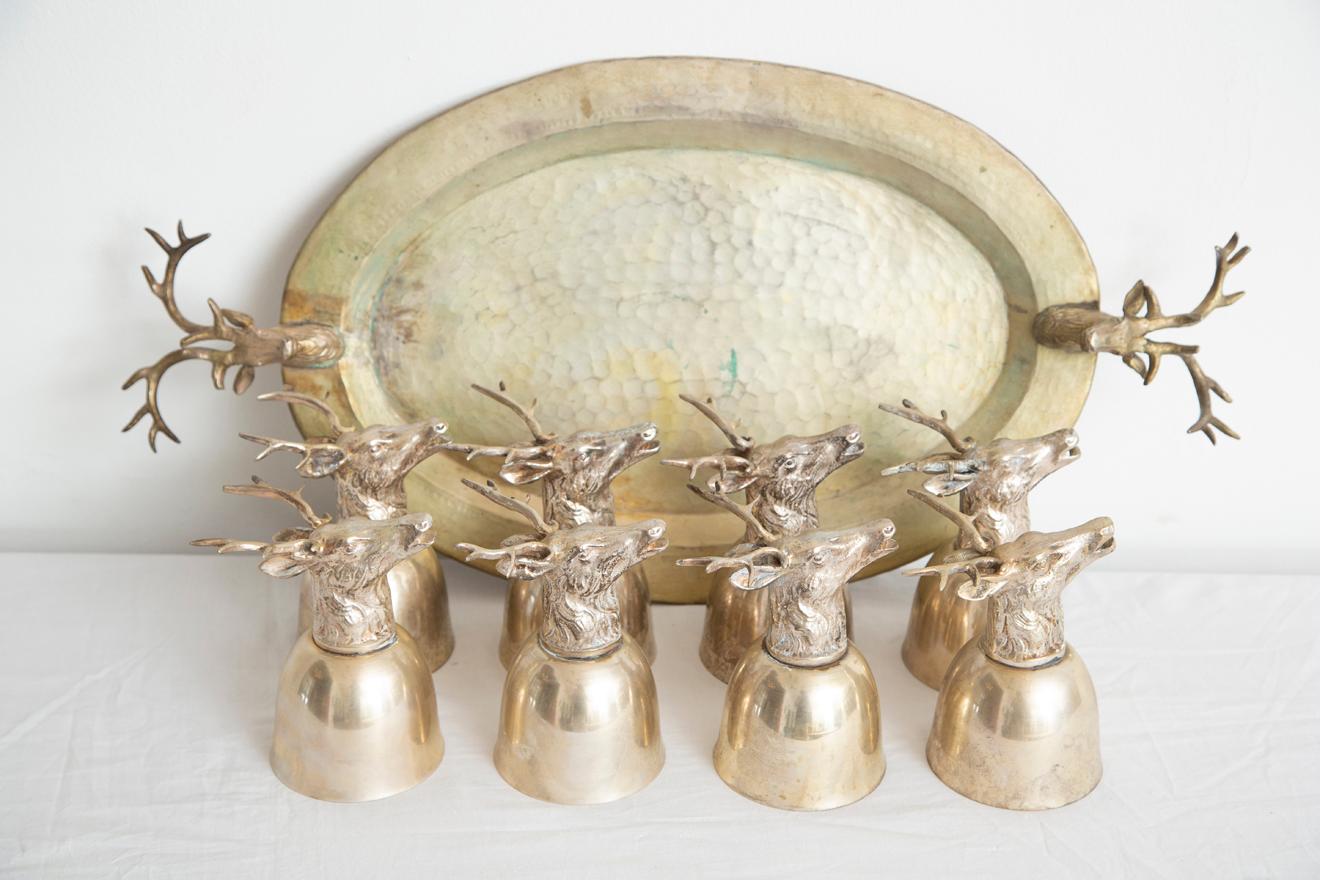 Vintage set of 8 brass silver plated animal head goblets with serving tray.
Tray is 18