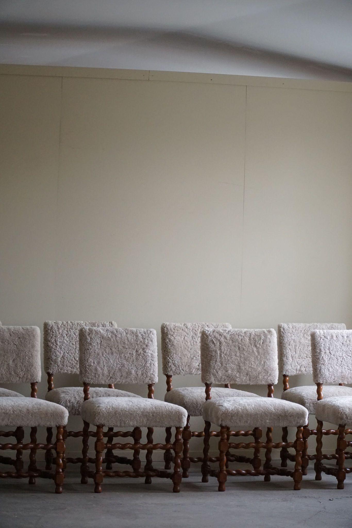 Set of 8 Swedish Baroque Style Dining Chairs, Reupholstered in Lambswool, 1920s 6