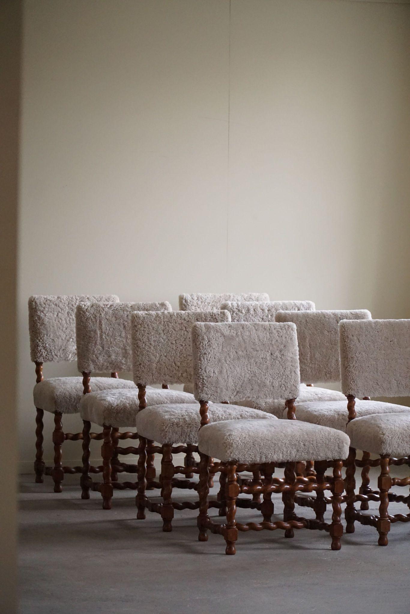Set of 8 Swedish Baroque Style Dining Chairs, Reupholstered in Lambswool, 1920s 10
