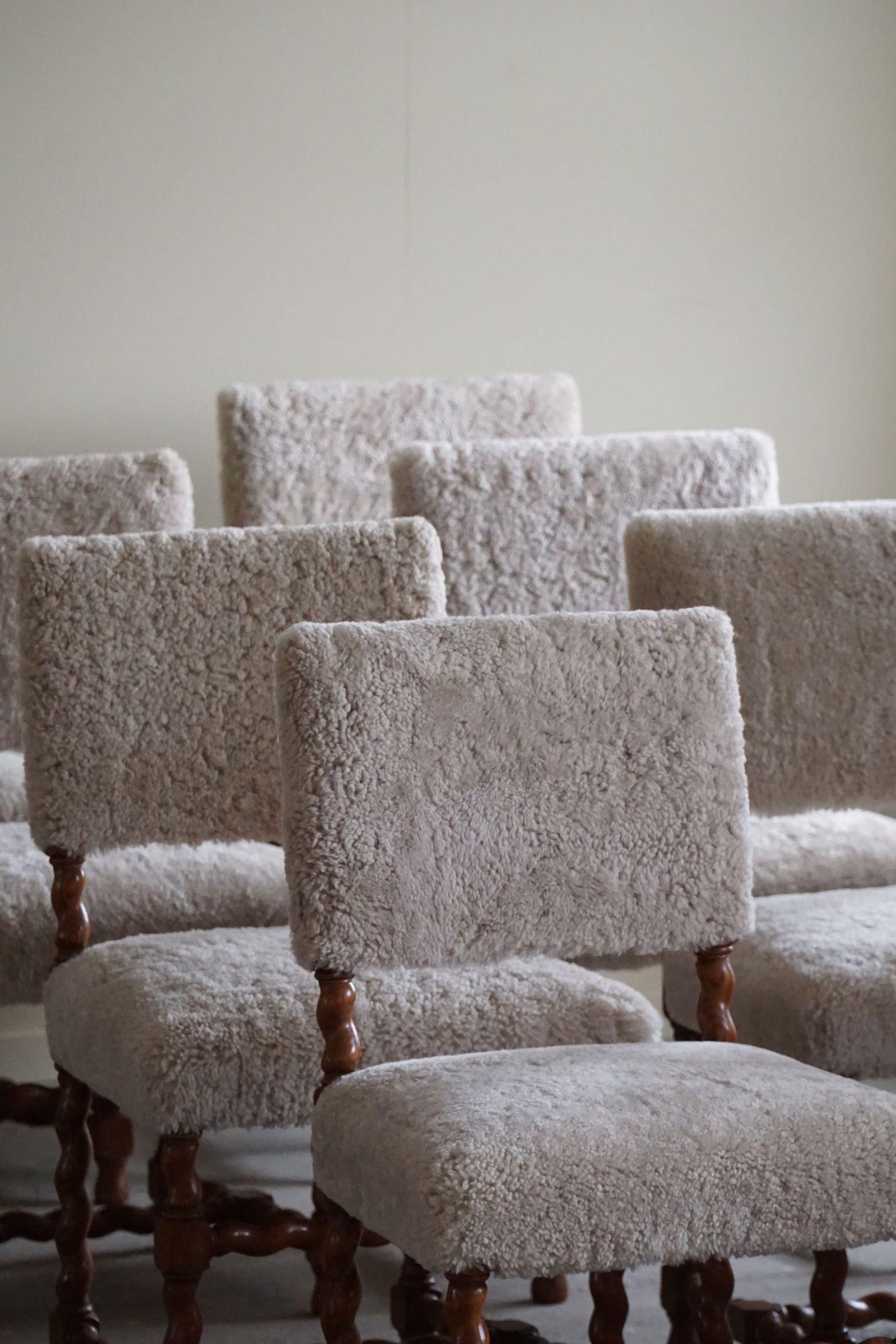 Set of 8 Swedish Baroque Style Dining Chairs, Reupholstered in Lambswool, 1920s 11