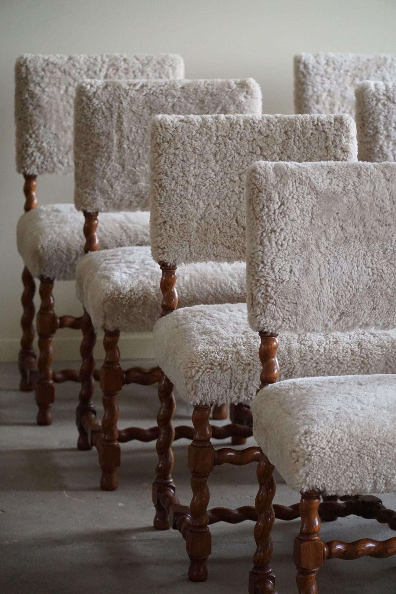 Set of 8 Swedish Baroque Style Dining Chairs, Reupholstered in Lambswool, 1920s 12