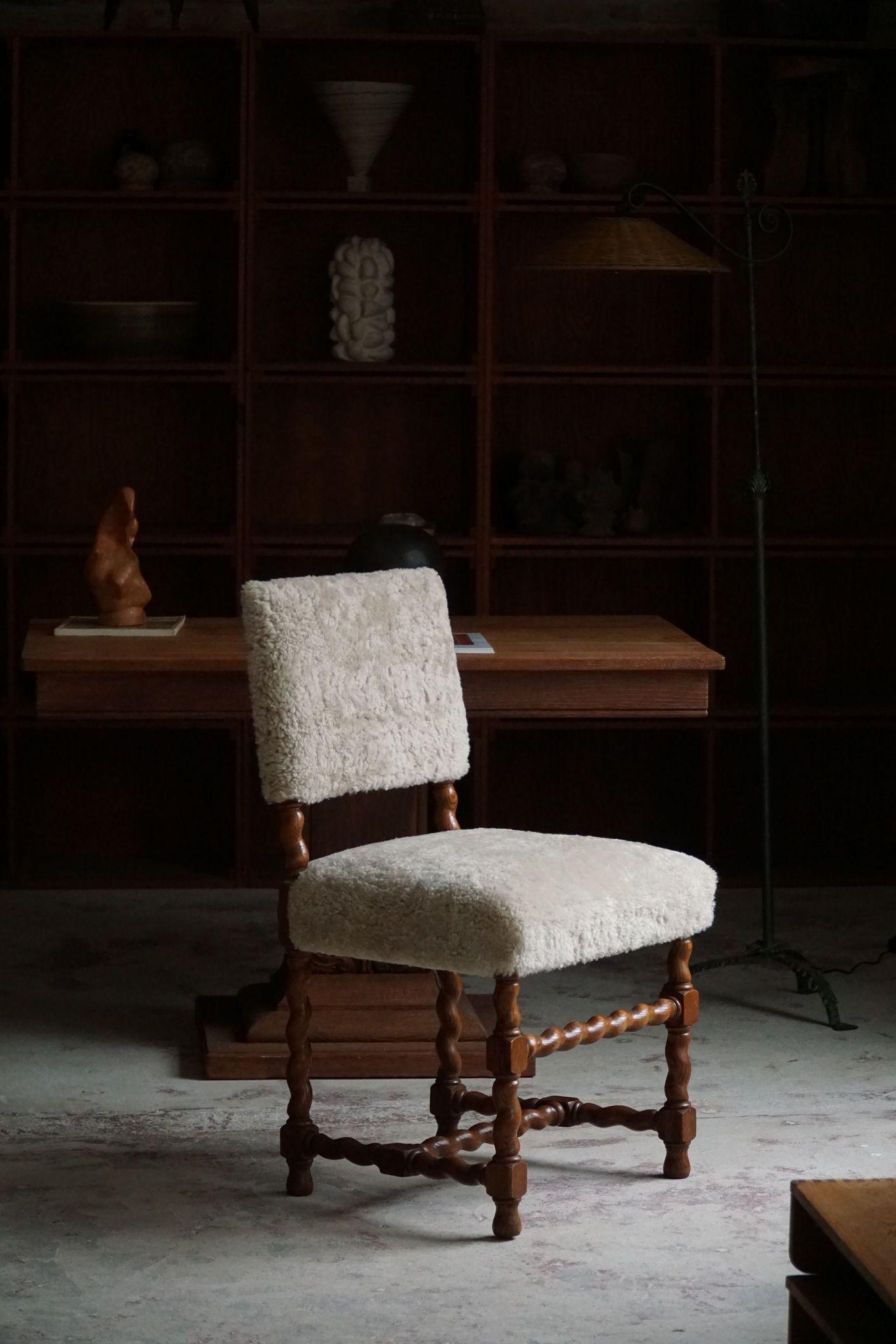 Lambskin Set of 8 Swedish Baroque Style Dining Chairs, Reupholstered in Lambswool, 1920s