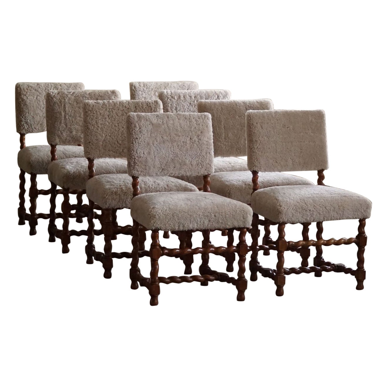 Set of 8 Swedish Baroque Style Dining Chairs, Reupholstered in Lambswool, 1920s