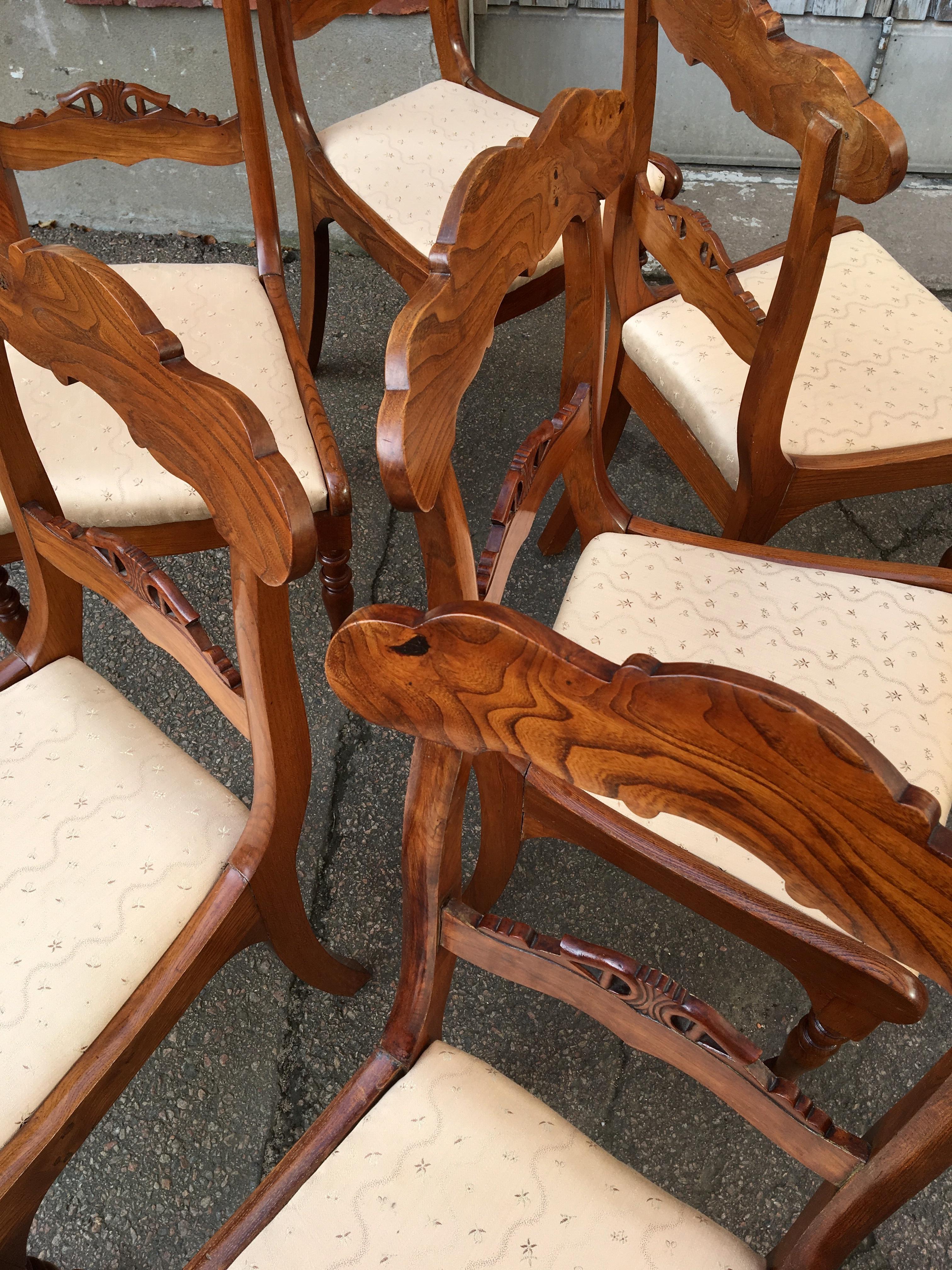 Set Of 8 Swedish Empire Flaming Tiger Elm Wood Dining Room Chairs 4