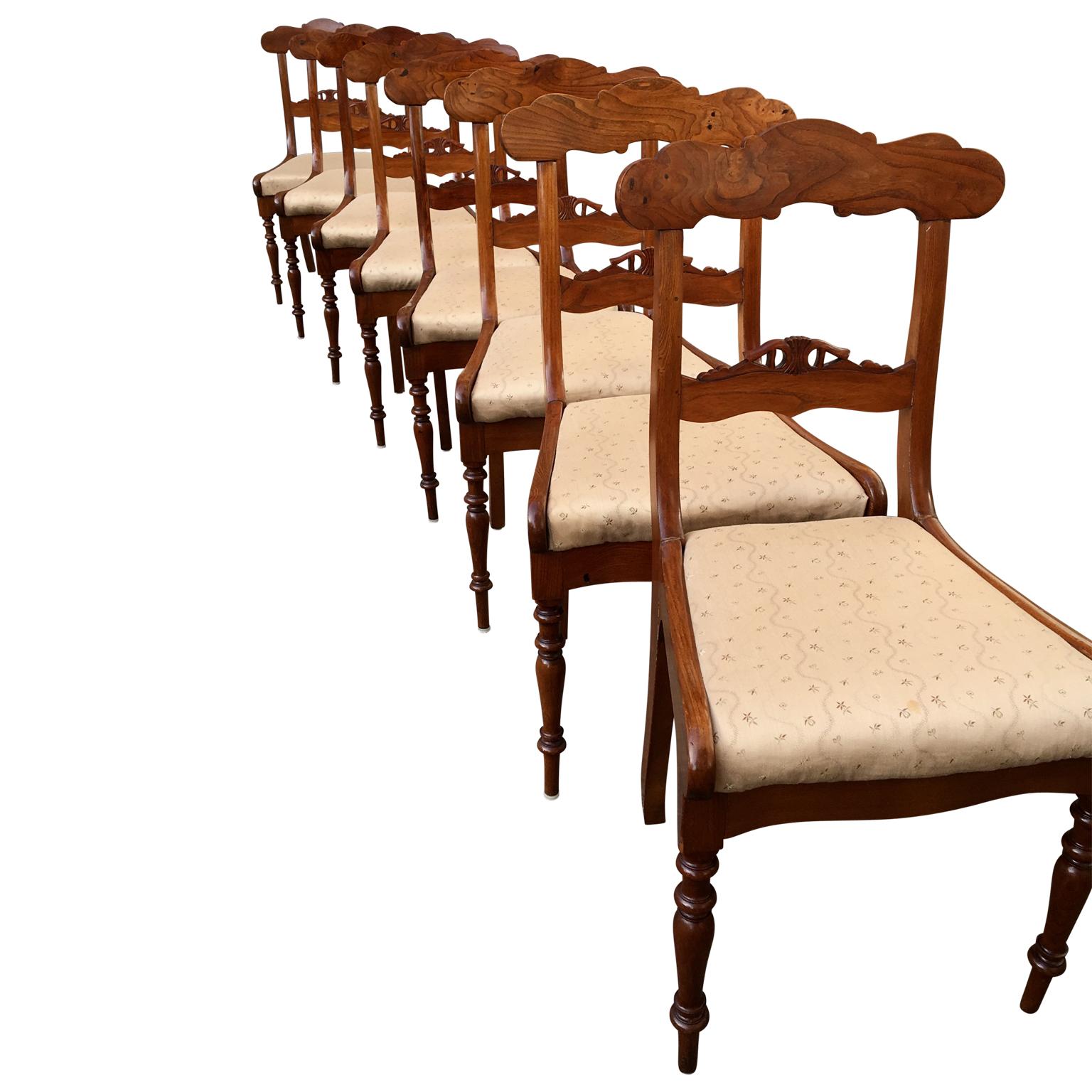 Biedermeier Set Of 8 Swedish Empire Flaming Tiger Elm Wood Dining Room Chairs For Sale