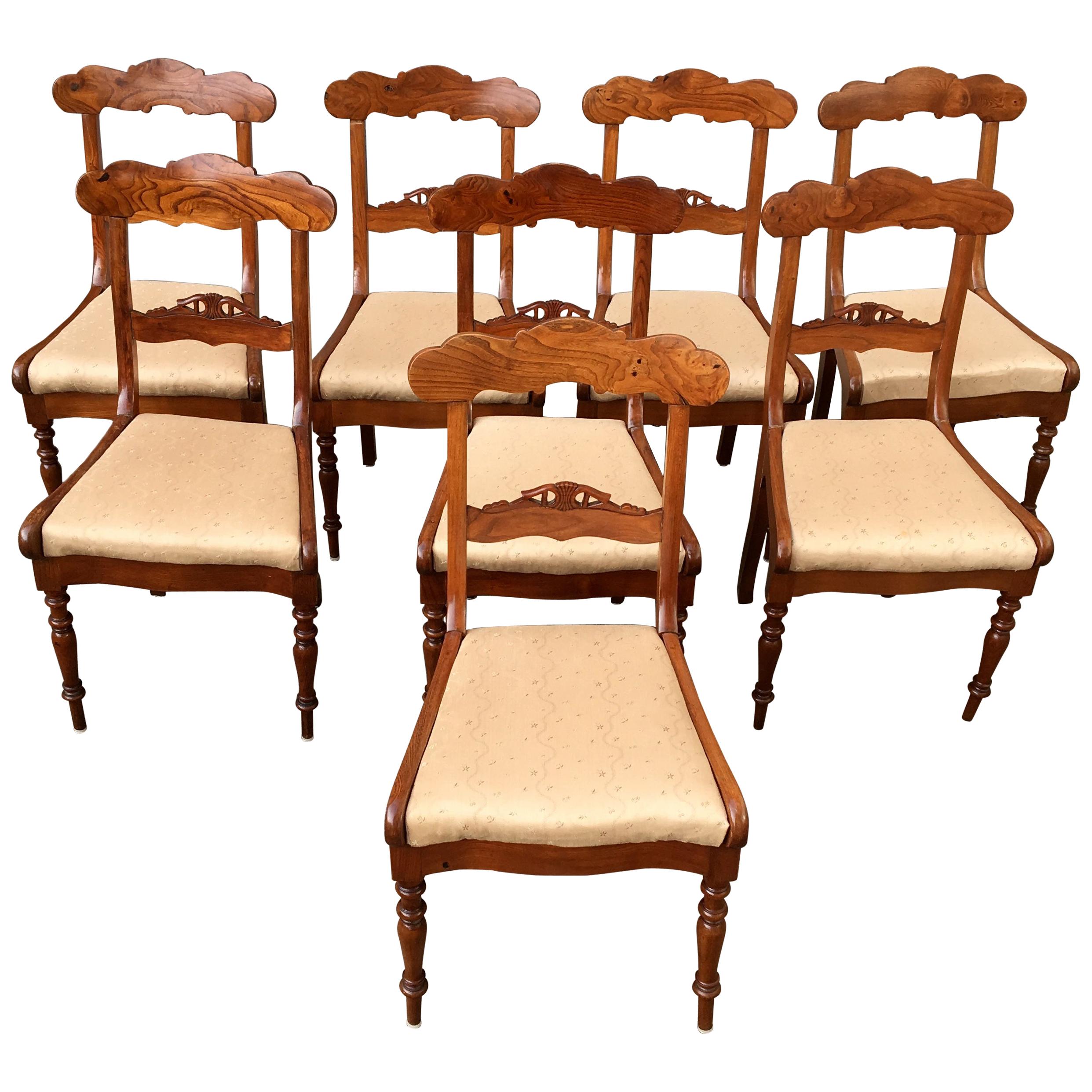 Set Of 8 Swedish Empire Flaming Tiger Elm Wood Dining Room Chairs