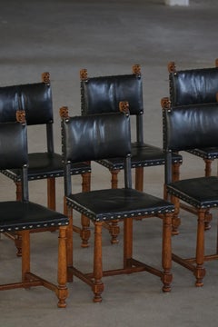 Set of 8 Swedish Grace Dining Chairs, Leather & Carved Wood, Early 20th Century