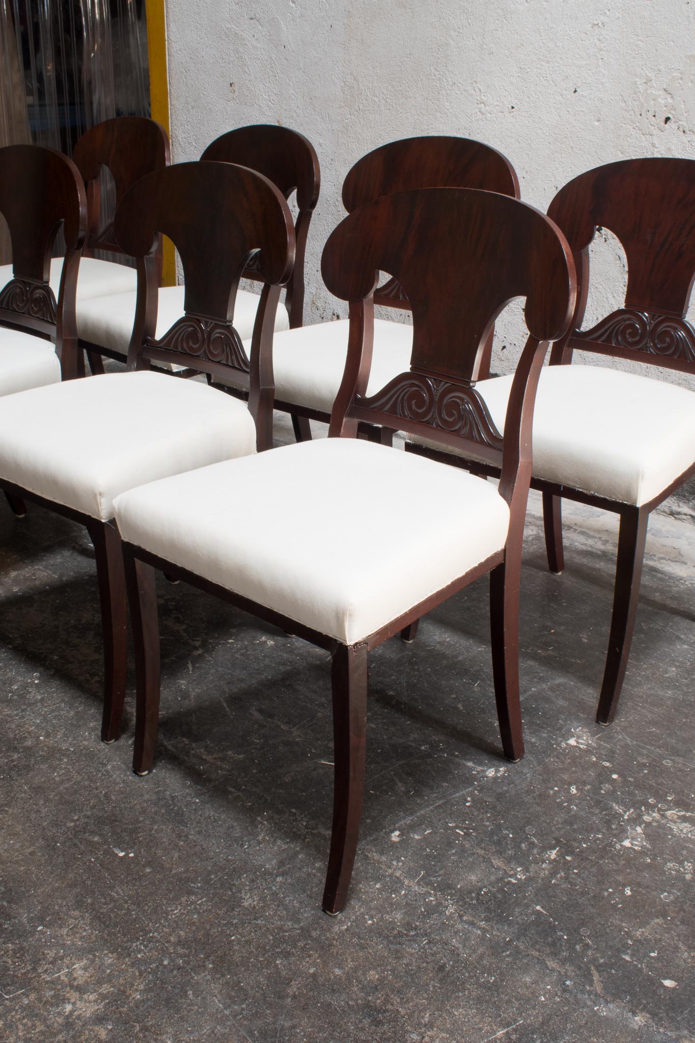 Carved Set of 8 Swedish Karl Johan Biedermeier Revival Dining Chairs, COM Ready For Sale
