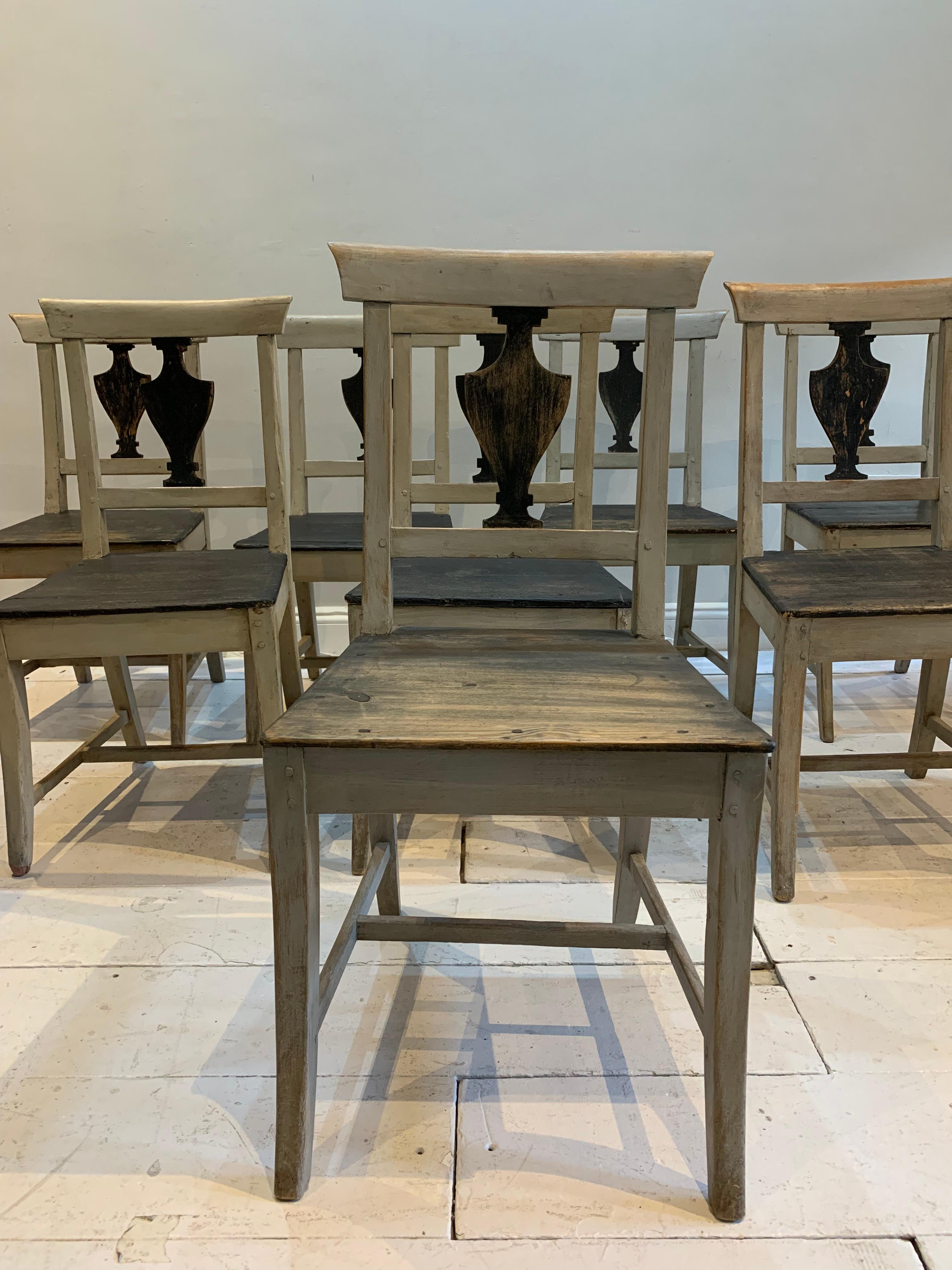 Pine Set of 8 Swedish Mid 19th Century Dining Chairs with Decorative Urn Detail 