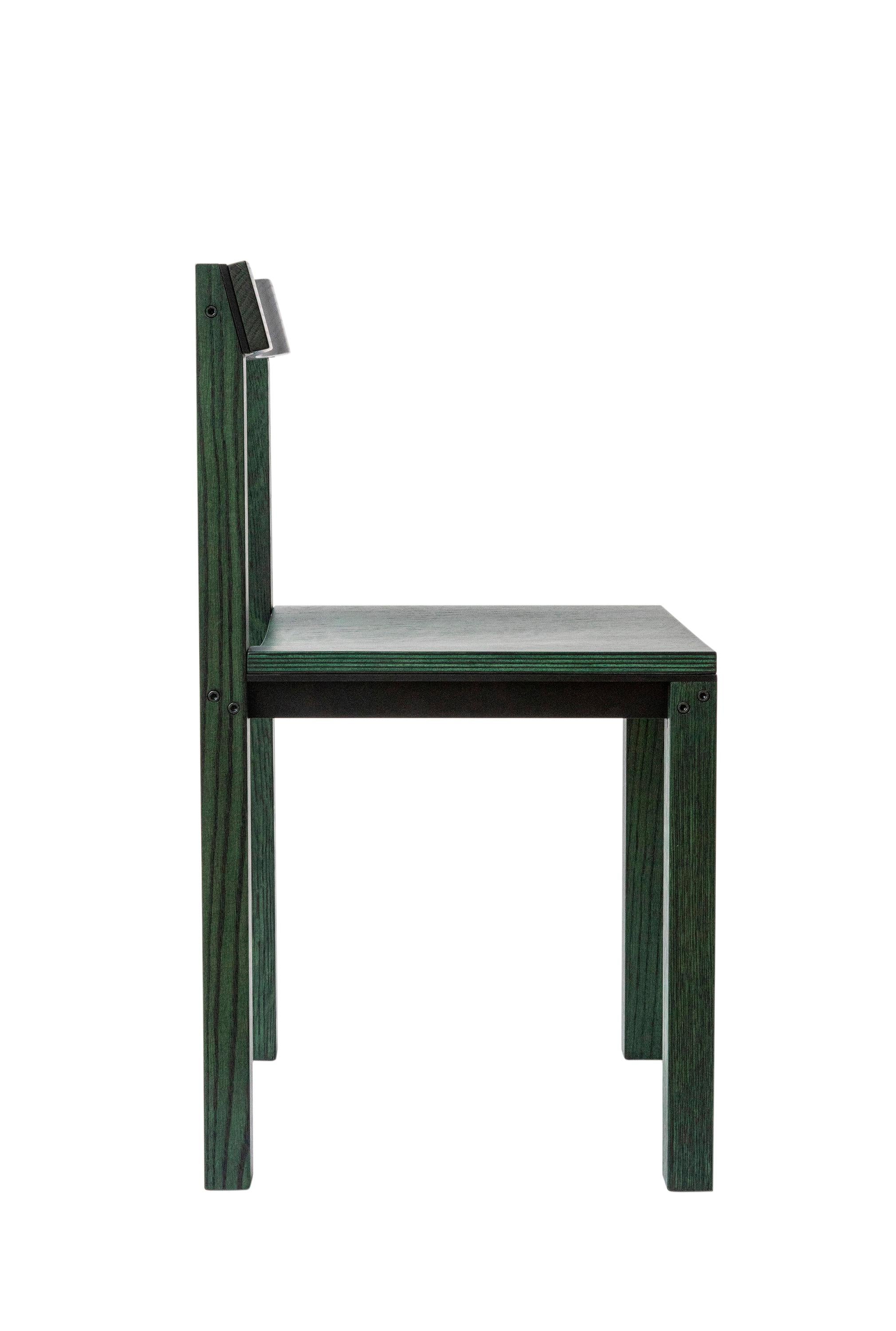 Set of 8 Tal Green Oak Chairs by Kann Design
Dimensions: D 40 x W 44 x H 80 cm.
Materials: Green lacquered oak, aluminum.
Available in other finishes.

The Tal chair designed by Léonard Kadid is made of aluminium and wood.
The T aluminium profiles