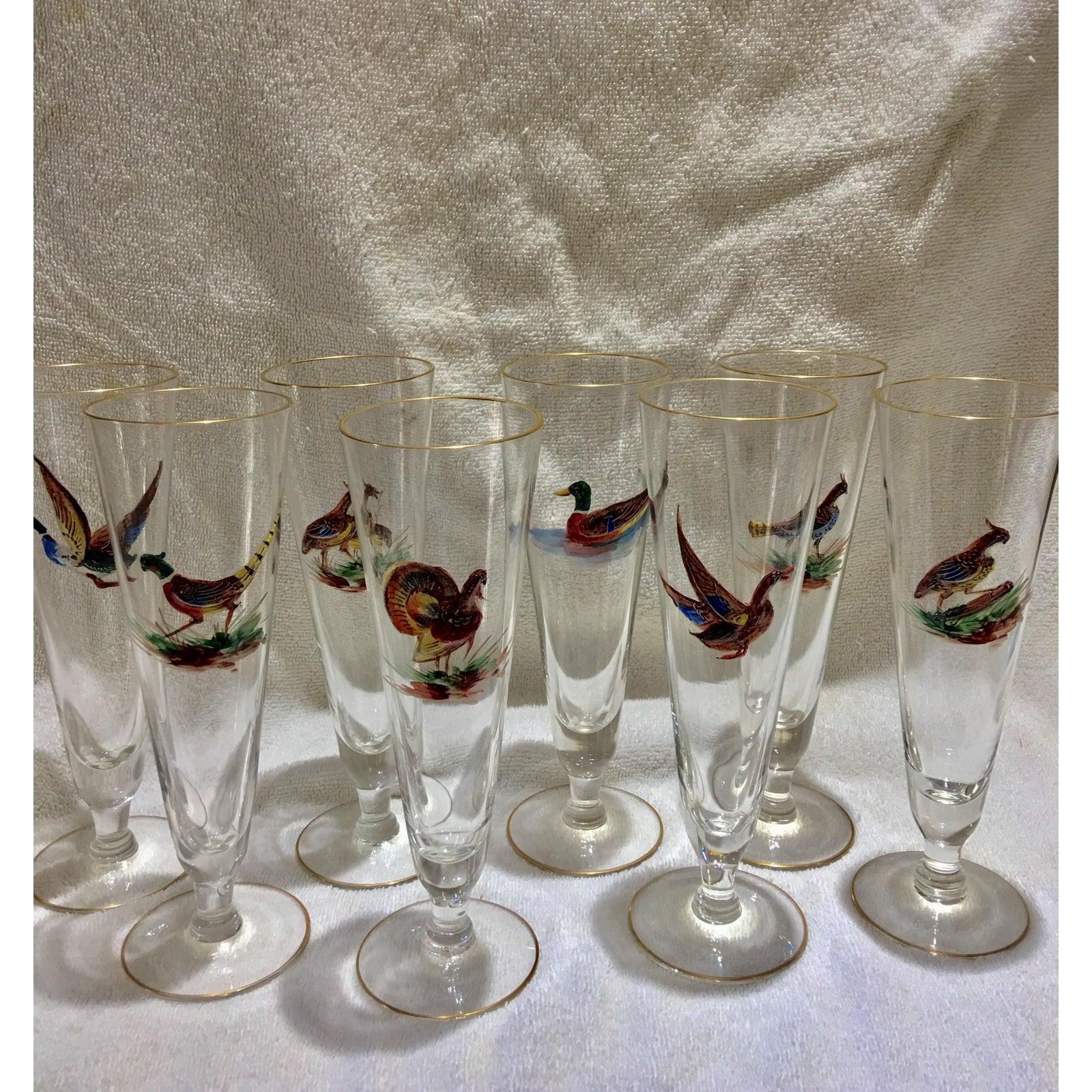 Hollywood Regency Set of 8 Tall Pilsner Glasses or Champagne Flutes with Enameled Birds