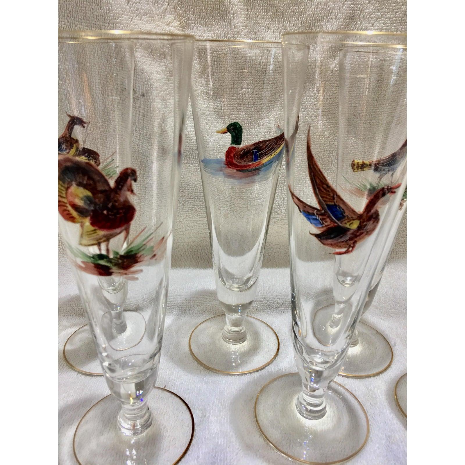 European Set of 8 Tall Pilsner Glasses or Champagne Flutes with Enameled Birds