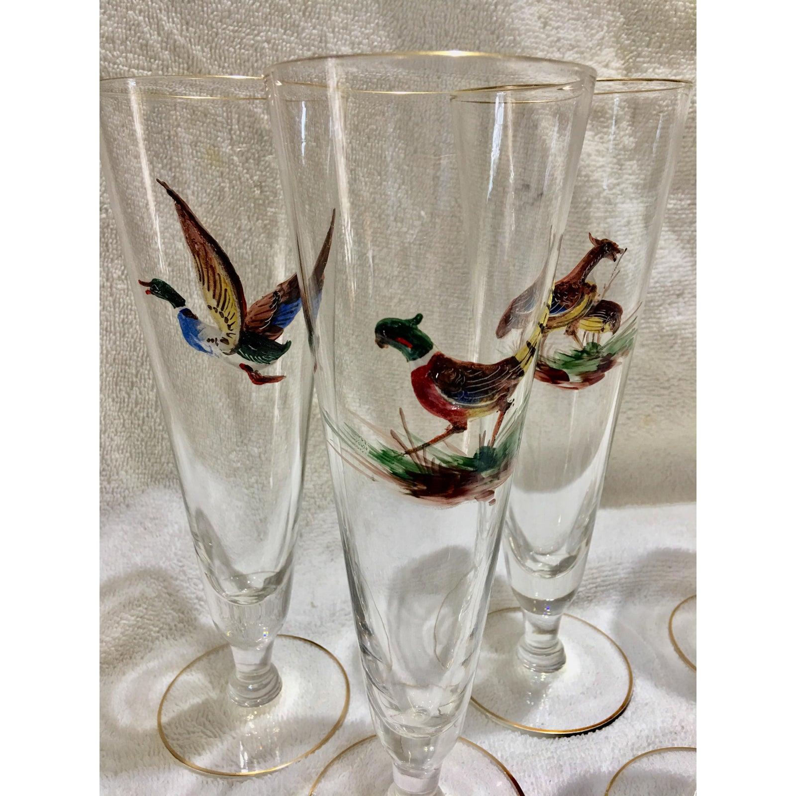 Set of 8 Tall Pilsner Glasses or Champagne Flutes with Enameled Birds In Good Condition In Houston, TX