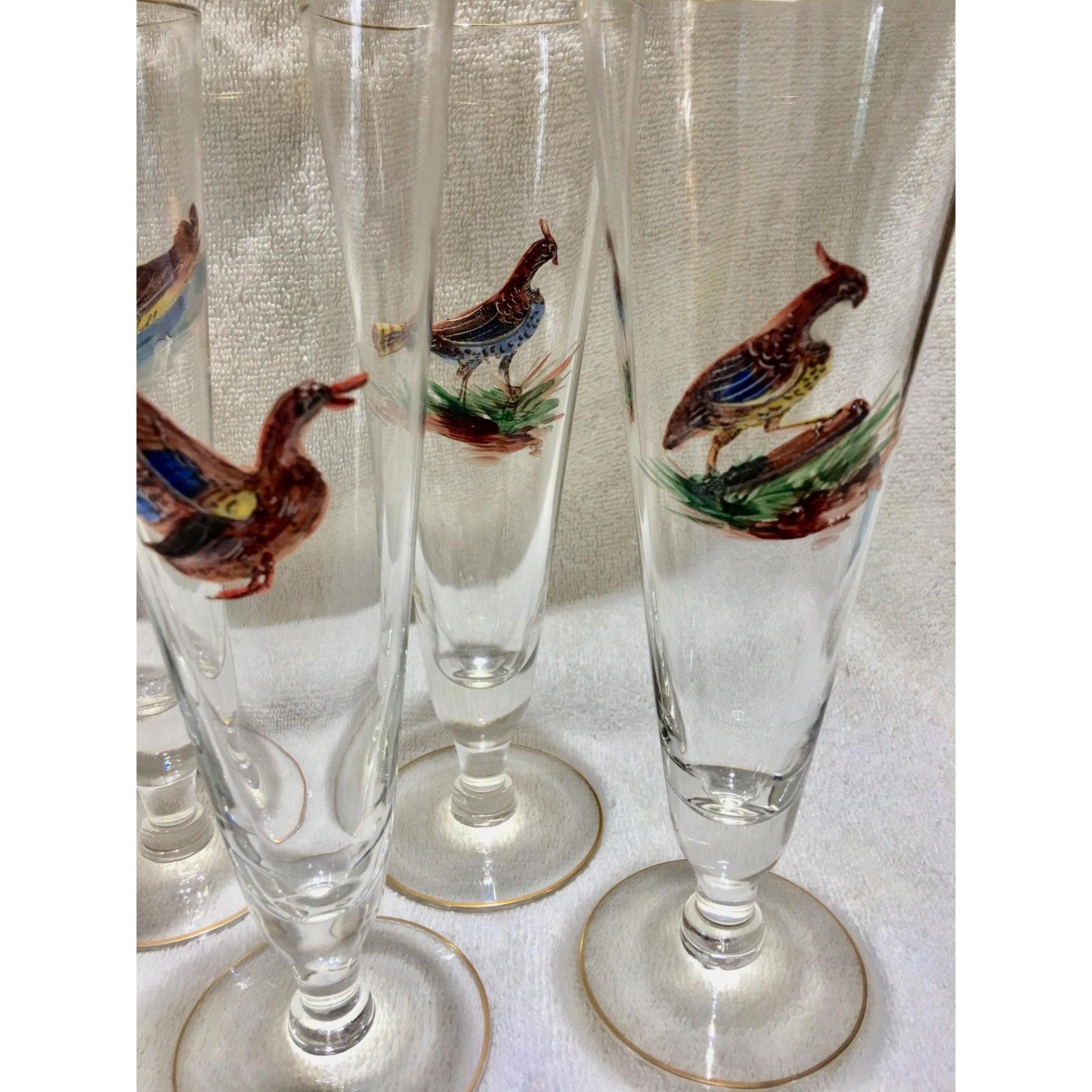 Early 20th Century Set of 8 Tall Pilsner Glasses or Champagne Flutes with Enameled Birds