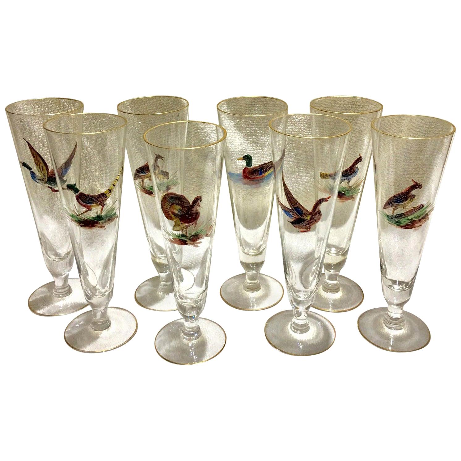 Set of 8 Tall Pilsner Glasses or Champagne Flutes with Enameled Birds