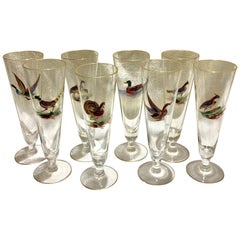 Antique Set of 8 Tall Pilsner Glasses or Champagne Flutes with Enameled Birds
