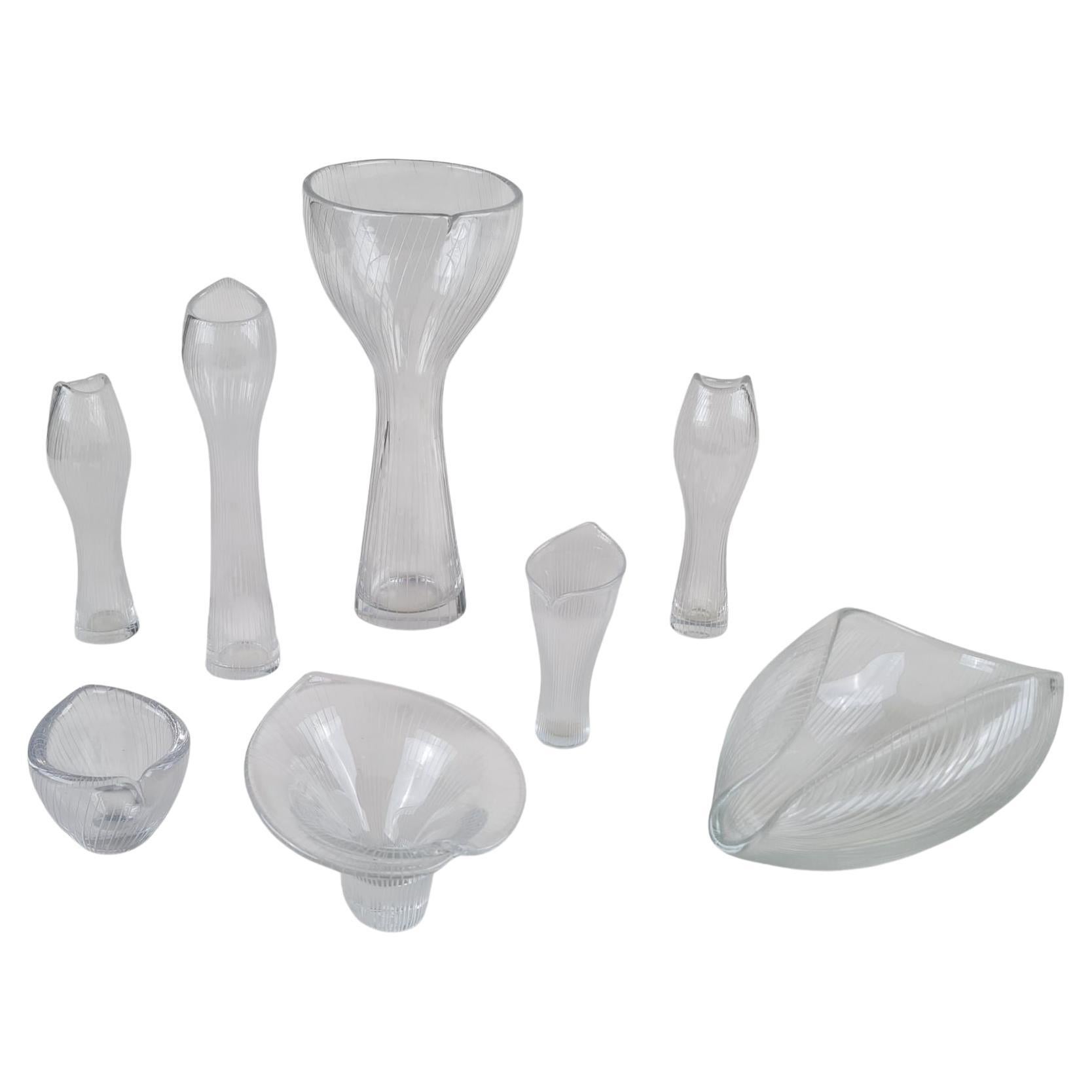 Ensemble de 8 pièces d'art en verre gravées au trait Tapio Wirkkala, Iittala 1950s