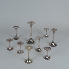 Set of 8 Tapio Wirkkala Trumpet Candle Holders In Silver, Kultakeskus Oy, 1980s