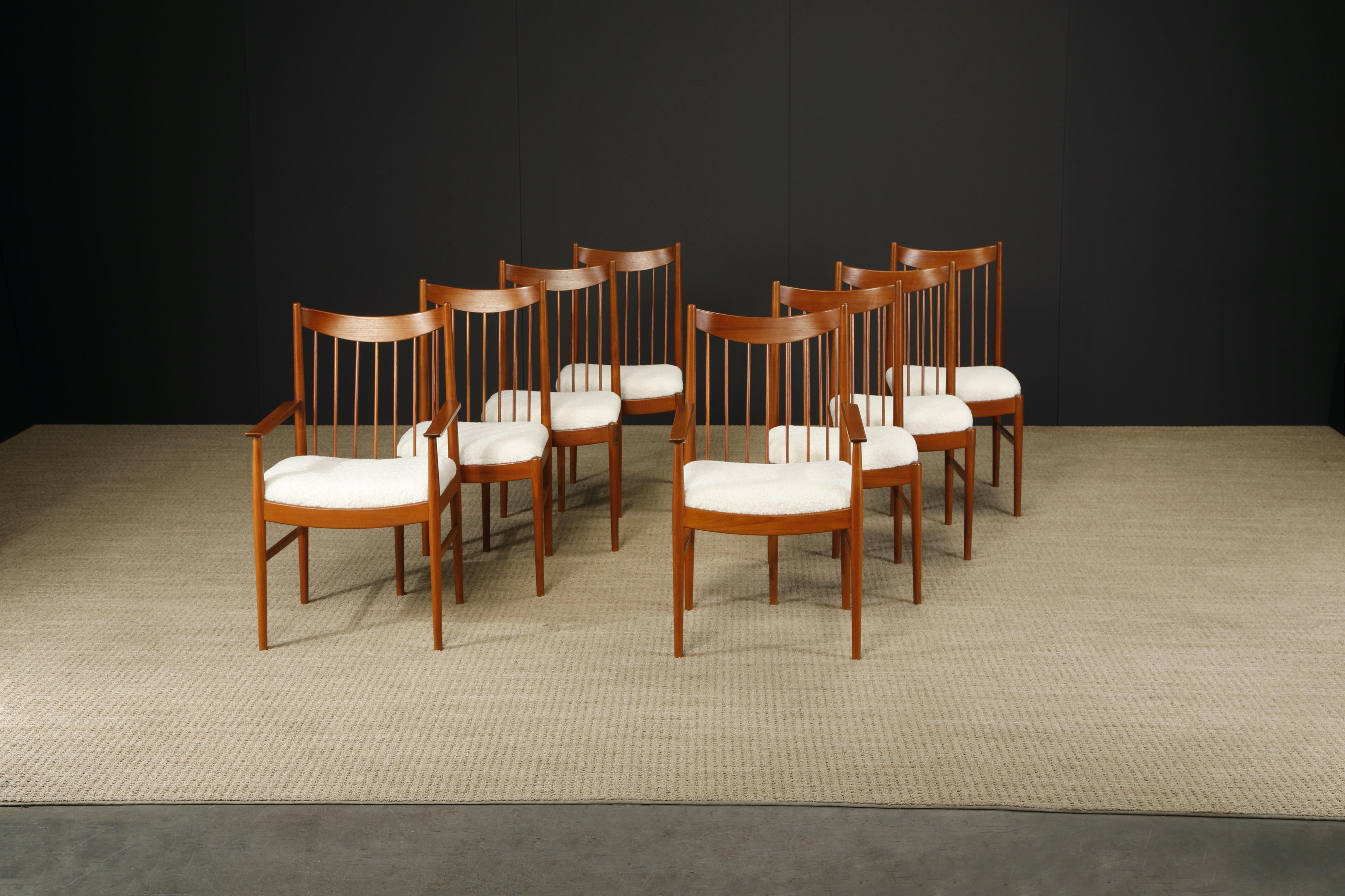 This gorgeous set of 8 dining chairs by Arne Norrell for Sibast (1960s Denmark) features gorgeous teak frames with Nakashima-styled slatted spindle backs and newly reupholstered white bouclé seats. Each chair signed with Sibast Made in Denmark tags