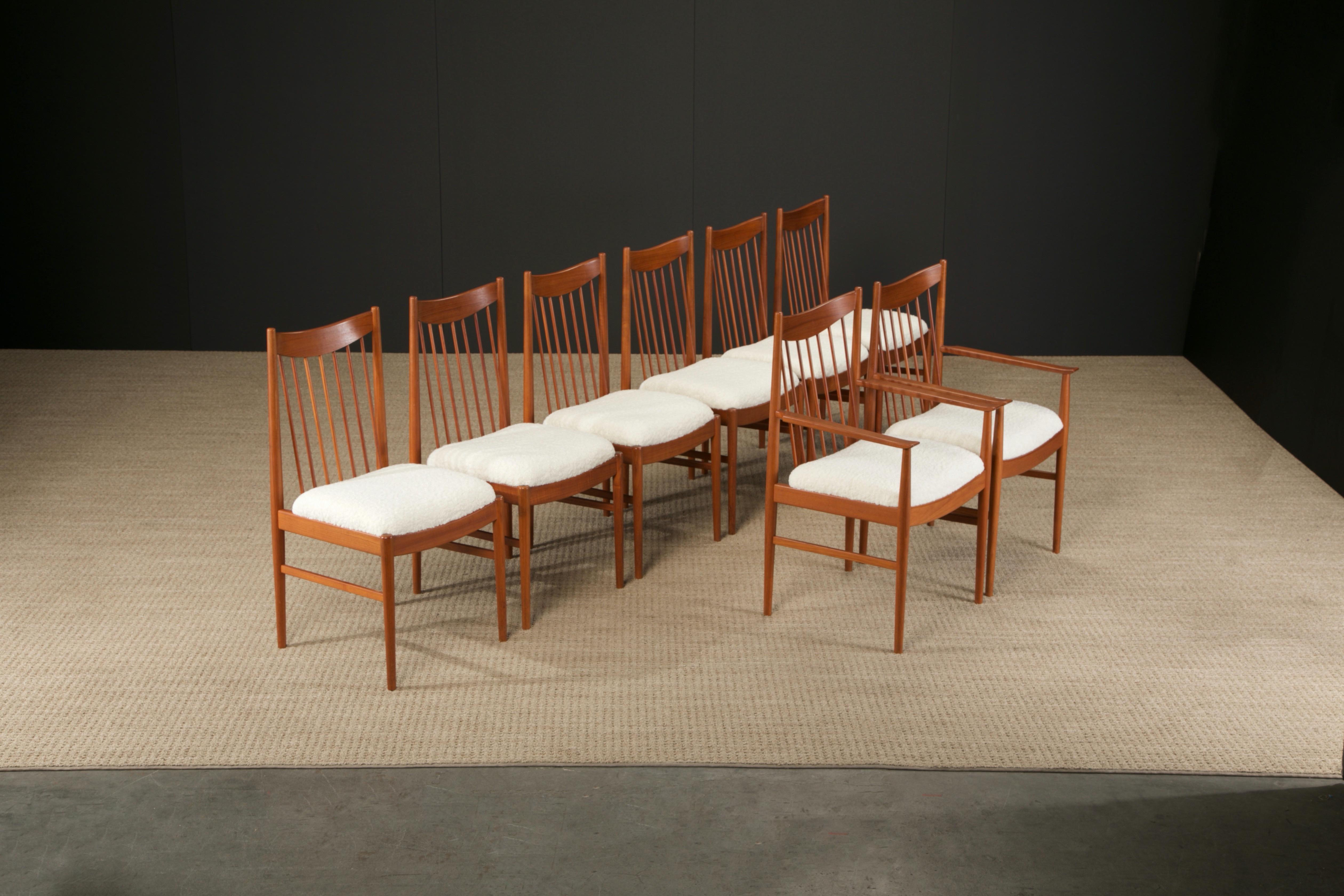 Mid-Century Modern Set of 8 Teak and Bouclé Dining Chairs by Arne Vodder for Sibast, 1960s, Signed For Sale
