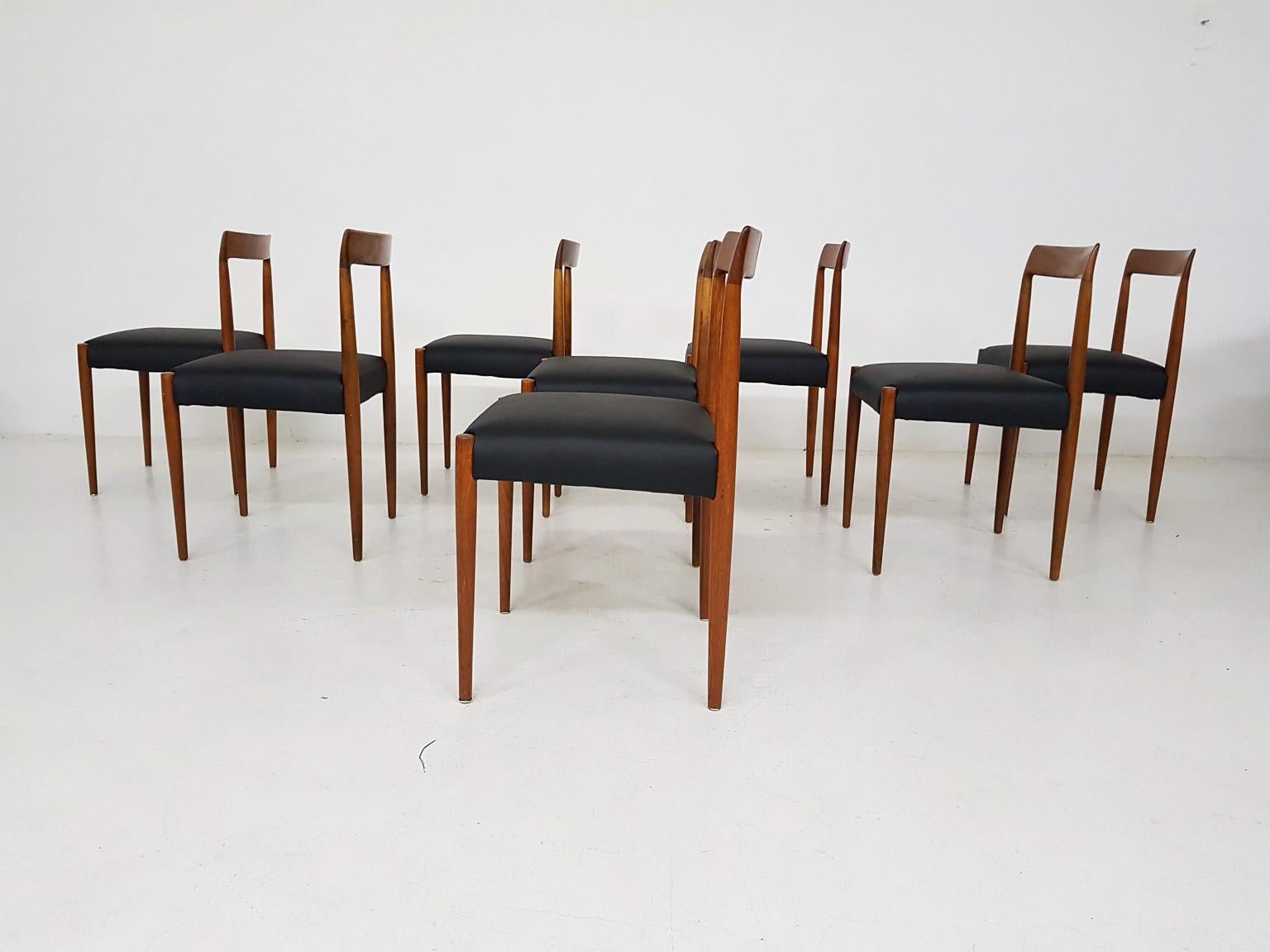 Scandinavian Modern Set of 8 Teak and Leather Dining Chairs by Lukbe, Germany, 1960s